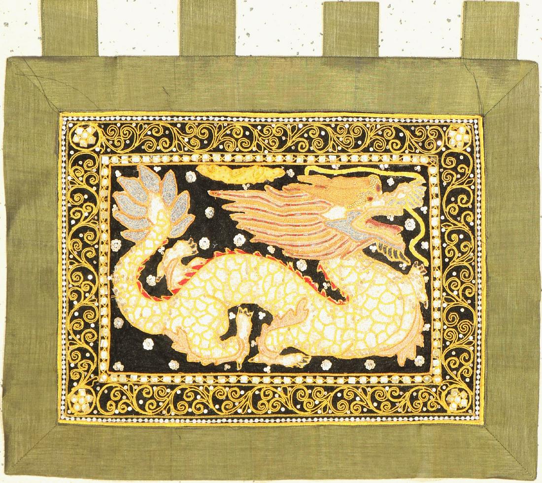 Embroidery(dragon), Burma, approx. 40 years, glass and: Embroidery(dragon), Burma, approx. 40 years, glass and metal on velvet, approx. 69 x 60 cm,condition: 2.Rugs, Carpets & Flatweaves