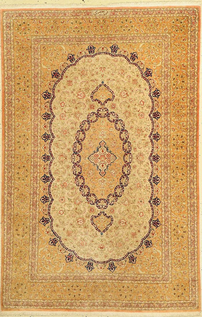 Qum silk fine, signed, (Masumi), Persia, approx. 50: Qum silk fine, signed, (Masumi), Persia, approx. 50 years, pure natural silk, approx. 141 x 99 cm approx. 1.0 million kn/sm, condition: 2.Rugs, Carpets & Flatweaves