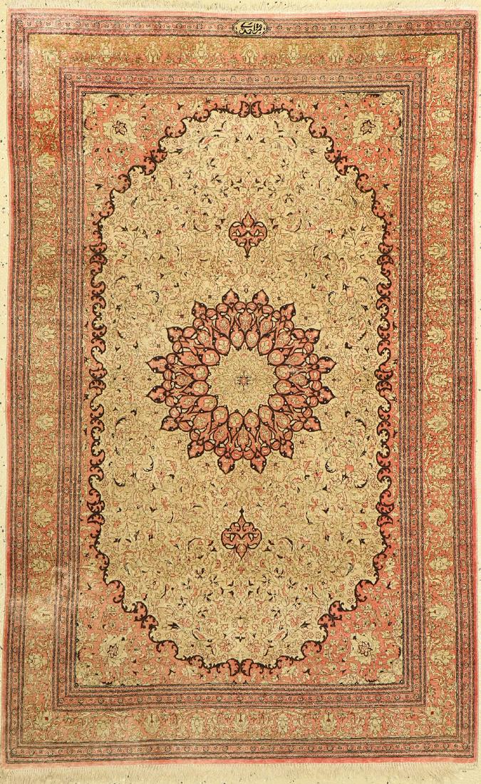 Qum silk, signed, (Ahmadi), Persia, approx. 50years, pure: Qum silk, signed, (Ahmadi), Persia, approx. 50years, pure natural silk, approx. 152 x 95cm approx. 1.0 million kn/sm, condition: 2.Rugs, Carpets & Flatweaves