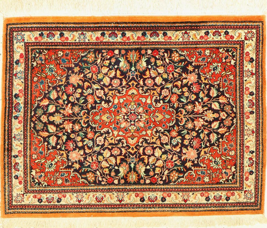 Qum silk, Persia, approx. 50 years, pure natural: Qum silk, Persia, approx. 50 years, pure natural silk, approx. 77 x 59 cm, discolored, condition: 2.Rugs, Carpets & Flatweaves