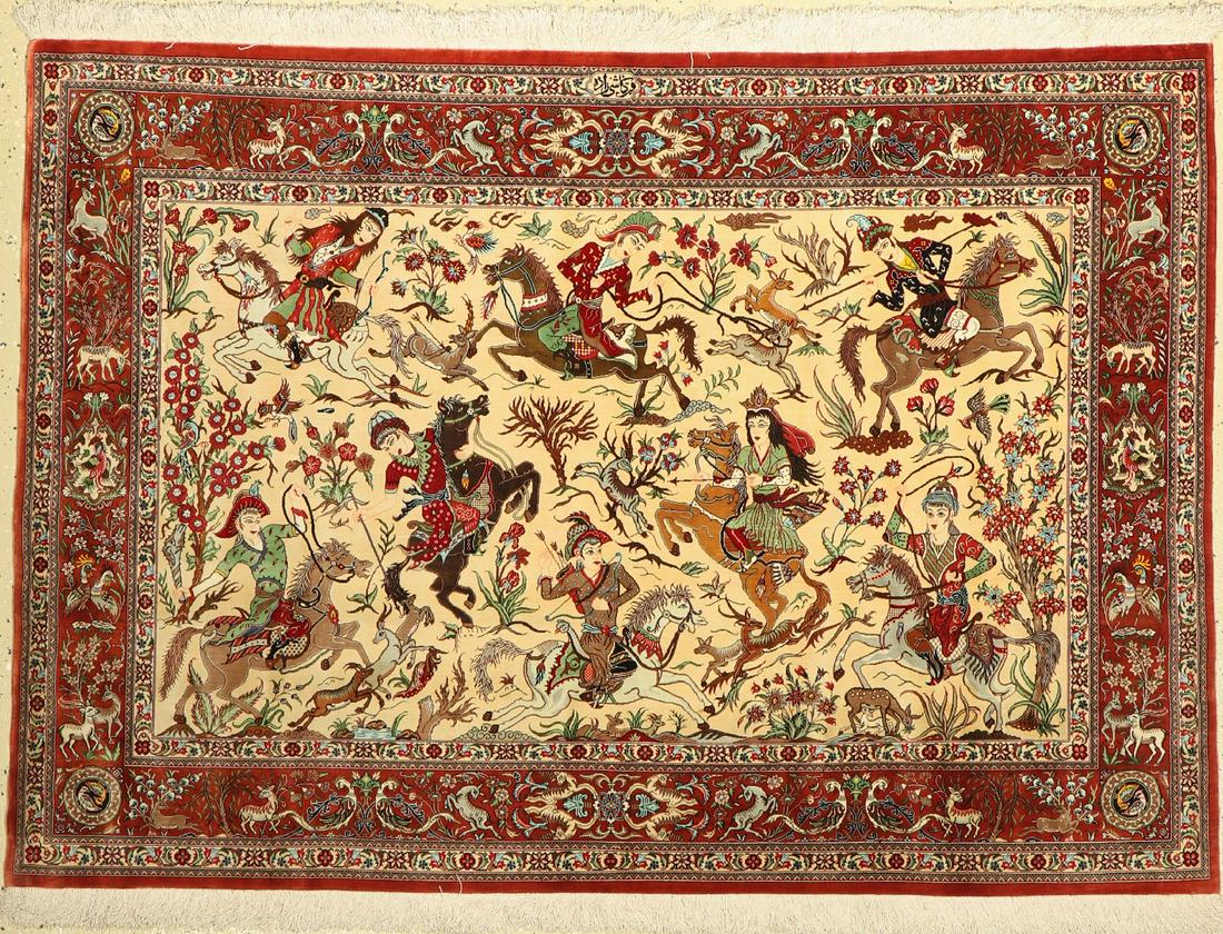 Qum silk fine, signed, (Kashizadeh), Persia, approx. 50: Qum silk fine, signed, (Kashizadeh), Persia, approx. 50 years, pure natural silk, approx. 150 x 103 cm approx. 1.0 million kn/sm, condition: 2.Rugs, Carpets & Flatweaves