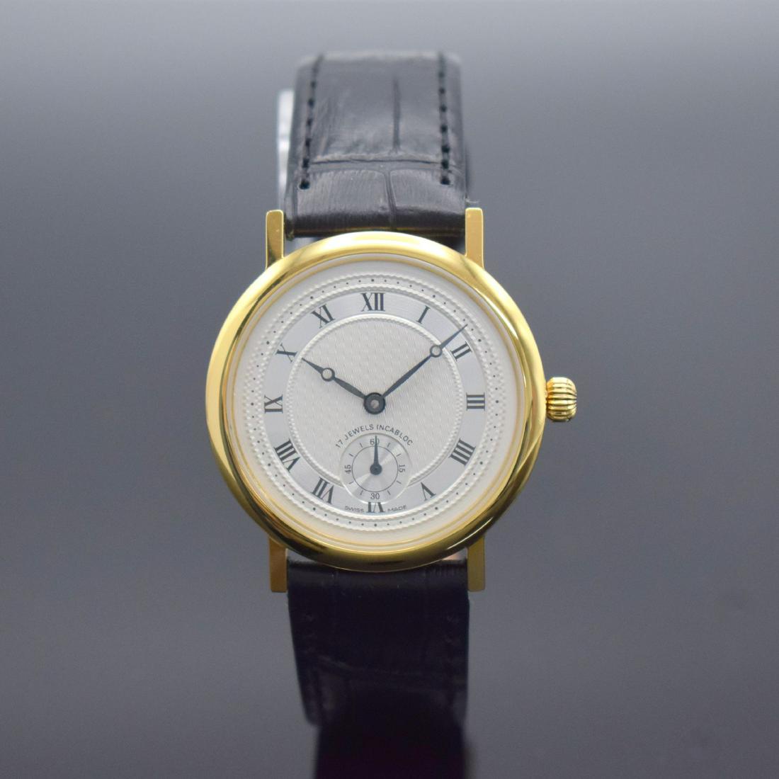 Gents wristwatch with calibre Peseux 7046: Gents wristwatch with calibre Peseux 7046, Switzerland around 1990, manual winding, gold-plated case, snap on stainless steel case-back, silvered engine-turned dial with Roman numerals, black hands, 1