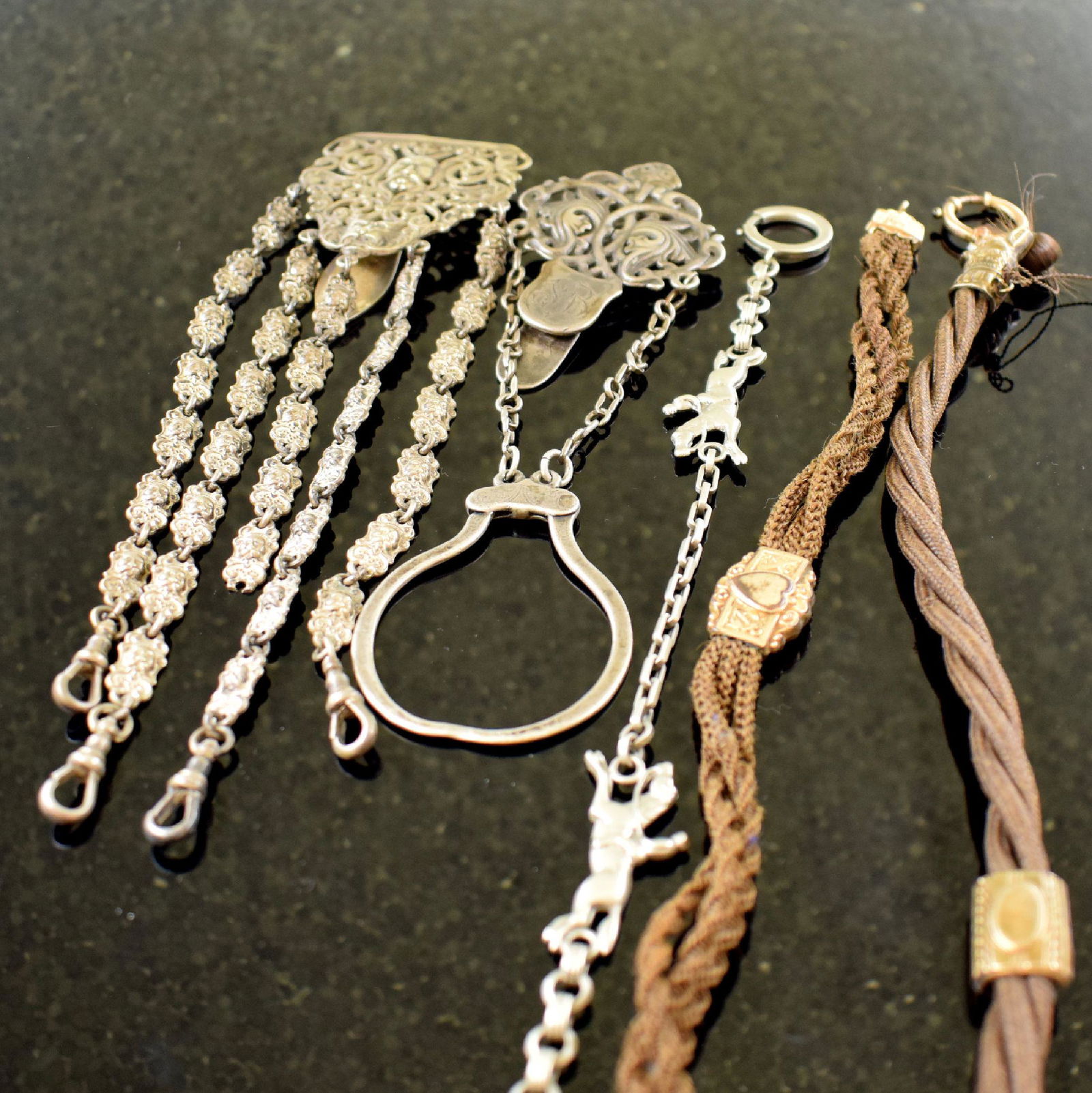3 chains and 2 Chatelaines, around 1830-1850: 3 chains and 2 Chatelaines, around 1830-1850 (partial english), 2 chain from hair (damaged) with snap link and 1x spring ring, 1 silvered chain with snap link and spring ring, Chatelaines silvered, us