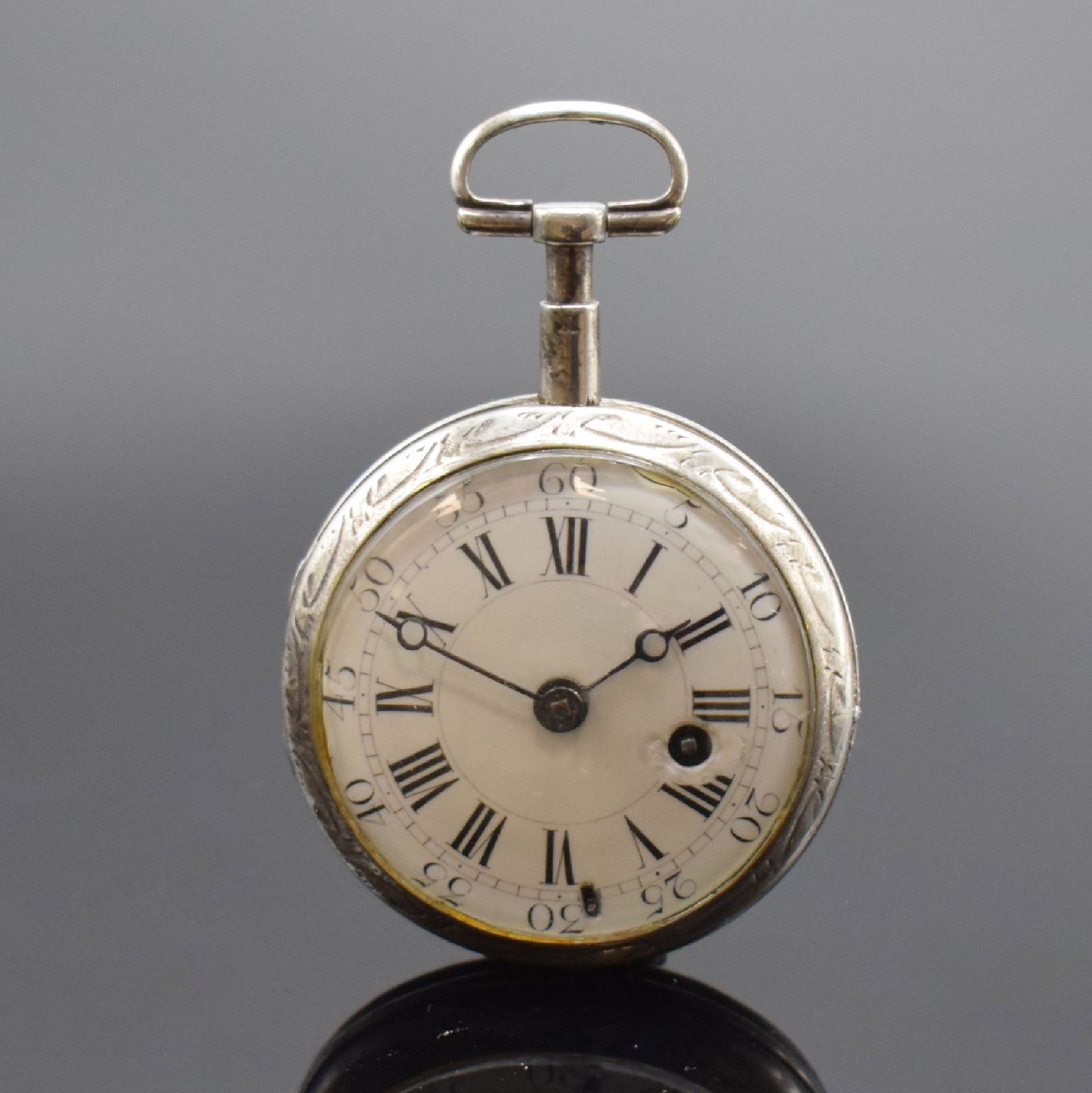 BAILLON a PARIS silver verge pocket watch: BAILLON a PARIS silver verge pocket watch, France around 1790, smooth case dent, enamel dial with Roman hours and big Arabic minutes damaged, hands later, gold-plated movement with chain and fusee, bi