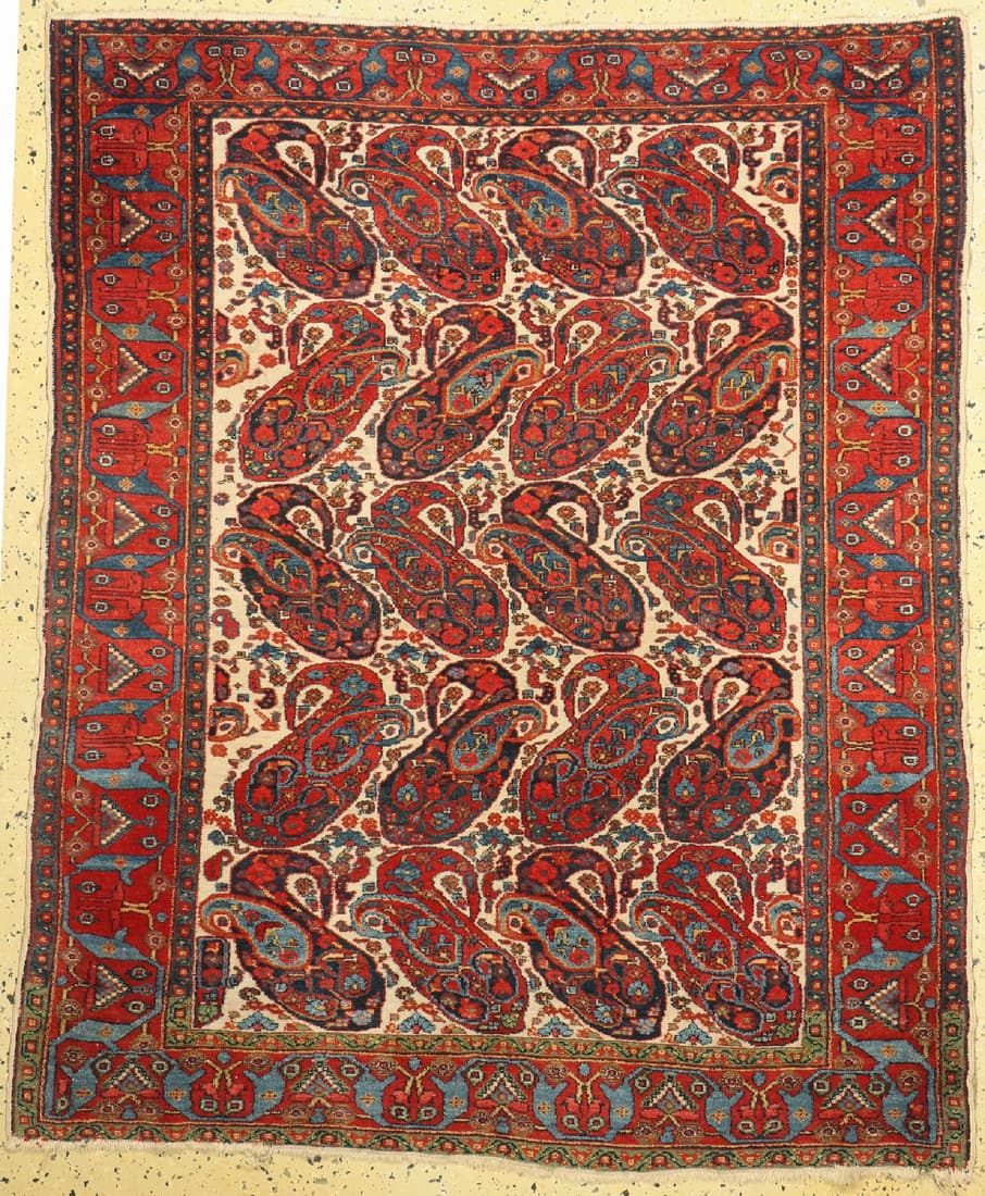 Antique Khamseh, Persia, around 1910, wool on cotton: Antique Khamseh, Persia, around 1910, wool on cotton, approx. 156 x 133 cm, slightly shortened, condition: 2 .Rugs, Carpets & Flatweaves