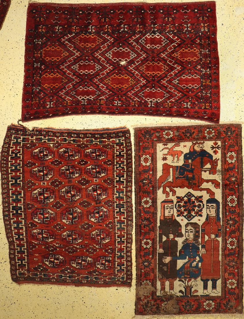 Group of 3 antique carpets, # Baloch, Persia, 19th: Group of 3 antique carpets, # Baloch, Persia, 19th century, wool on wool, approx. 185 x 105 cm, condition: 4 (heavy moth damage), 2 Ersari, Turkmenistan, 19th century, wool on wool, approx. 190 x 111 