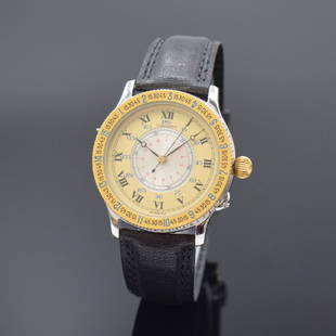 LONGINES Lindbergh Hour Angle Watch in steel and gold: LONGINES Lindbergh Hour Angle Watch in steel and gold reference 989.5215, self winding, Switzerland around 1990, original leather strap with original buckle, bidirectional revolving bezel, glazed move