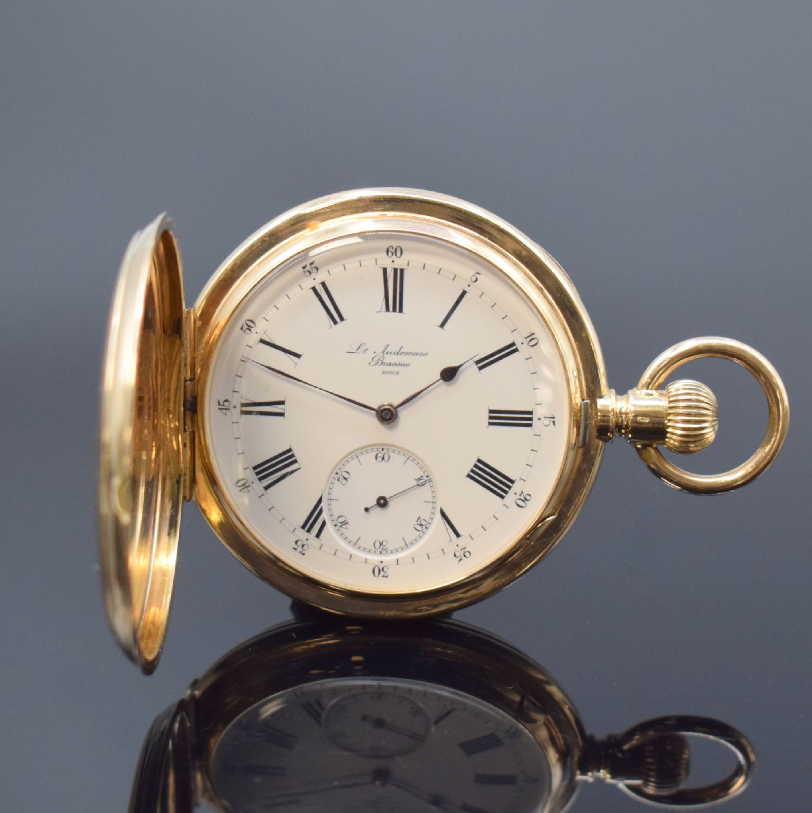 LOUIS AUDEMARS Brassus heavy hunting cased pocket watch: LOUIS AUDEMARS Brassus heavy hunting cased pocket watch in pink gold 14k, Switzerland around 1900, 3-cover-gold case, enamel dial with Roman numerals and Arabic minutes, blued steel hands, gold-plated
