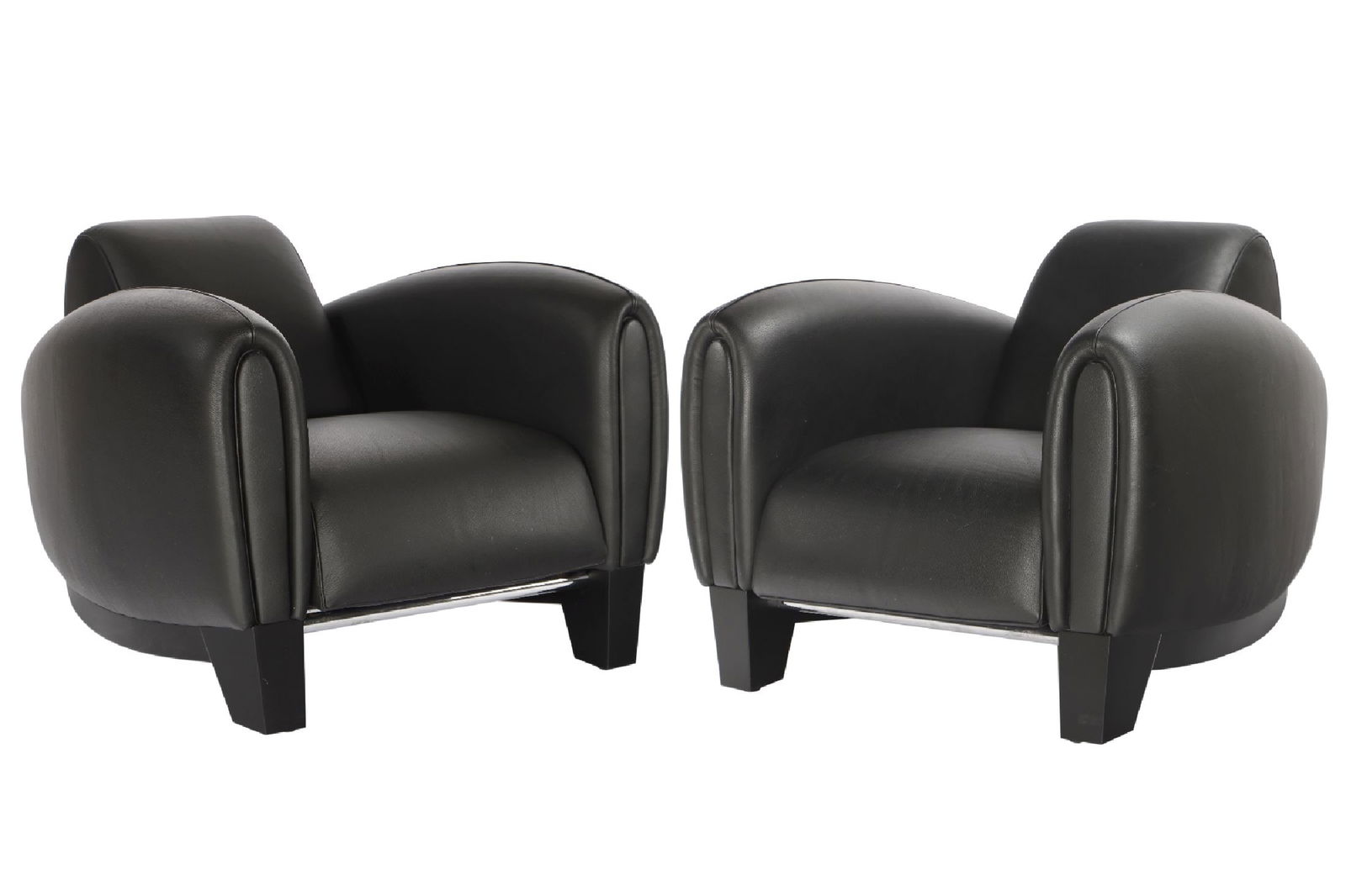 2 Armchairs 'Bugatti', De Sede, Switzerland, model:: 2 Armchairs 'Bugatti', De Sede, Switzerland, model: DS-57, designed by Franz Romero, leather in black of the best quality, high seating comfort, wedge-like base construction made of solid oak colored