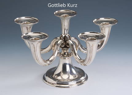 Candleholder, silver 830: Candleholder, silver 830 , german, 5-armed, curved, h. approx. 16.5 cm, diam. approx. 30 cm, foot filled, total approx. 970 g, manufacturer Gottlieb Kurz/Schwaebisch Gmuend