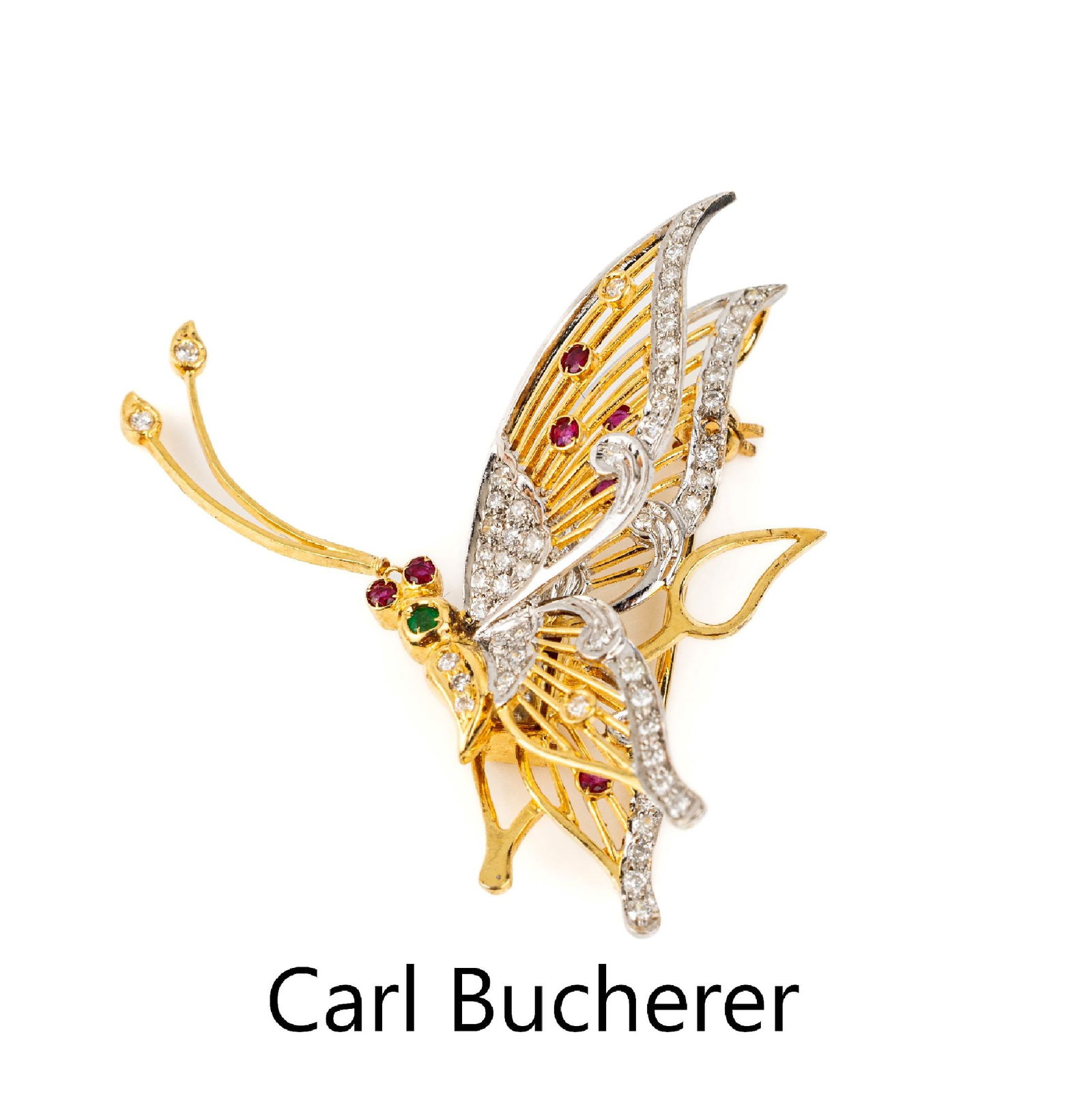 18 kt gold BUCHERER ruby-emerald-diamond- tremble brooch: 18 kt gold BUCHERER ruby-emerald-diamond- tremble brooch , 'butterfly', YG/WG 750/000,fine workmanship, wings radial, body, head andwings with bevelled rubies and emeralds total approx. 0.08 ct, appro