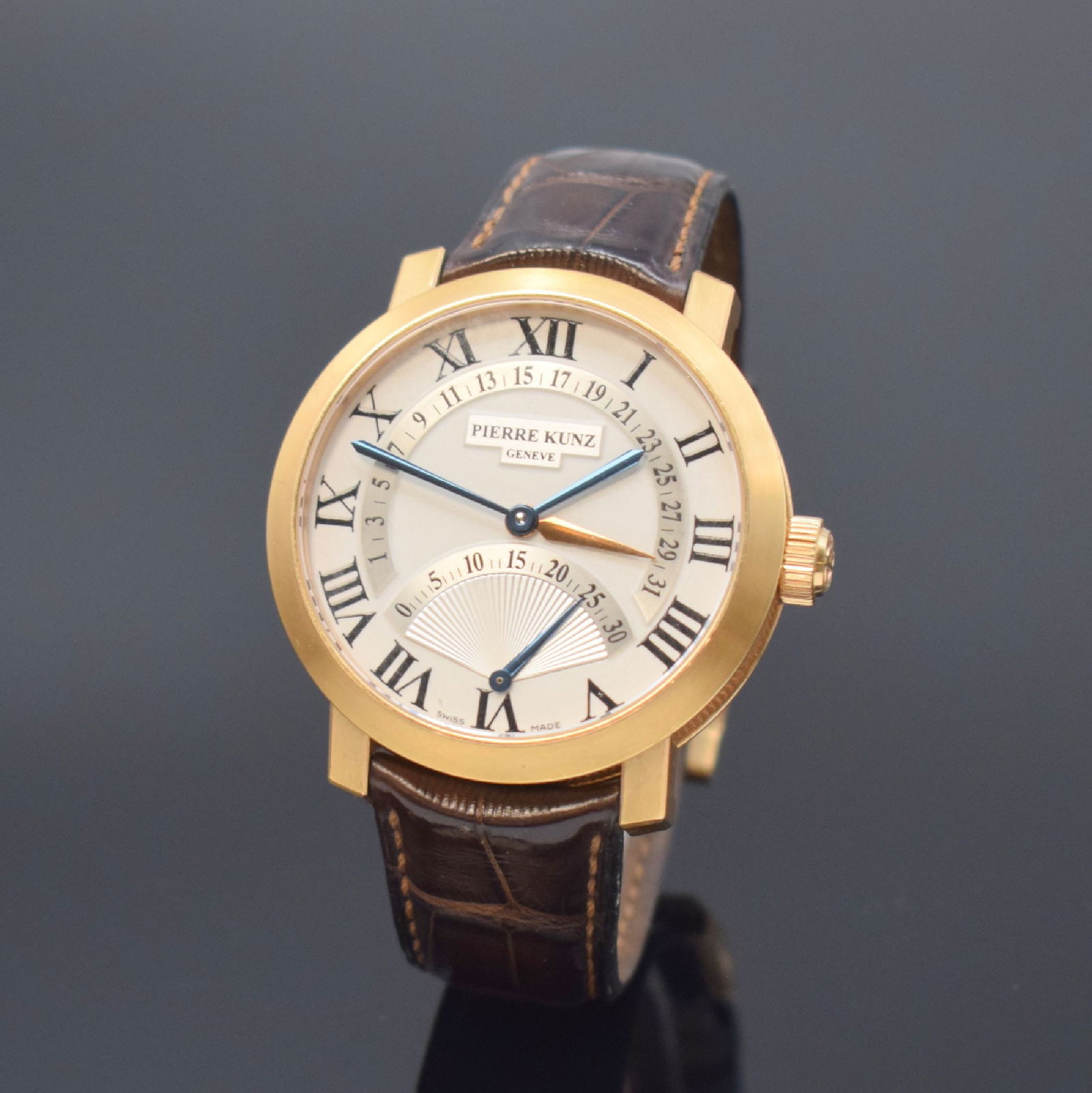 PIERRE KUNZ Spirit of Challenge 18k pink gold wristwatch: PIERRE KUNZ Spirit of Challenge 18k pink gold gents wristwatch reference PKA 011 SDR, Switzerland around 2005, self winding, on both sides glazed case including original leather strap with 18k pink go