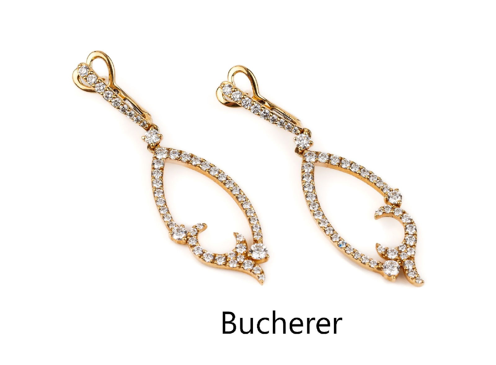 Pair of 18 kt gold BUCHERER brilliant-earrings: Pair of 18 kt gold BUCHERER brilliant-earrings , YG 750/000, 98 brilliants total approx. 1.22 ct Top Wesselton/si, l. approx. 4 cm, approx. 5.9 g, case and invoice attached