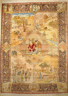 Rare fine Tabriz#' Four Seasons#' Persia, around 1940: Rare fine Tabriz#' Four Seasons#' Persia, around 1940, corkwool on cotton, approx. 390 x290 cm, EHZ: 1-2. Illustration of the most famous Persian poets (Omar Khayyam, Firdausi, Saadi, Hafez). Rugs, Ca