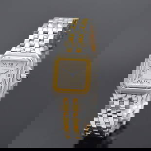 CARTIER Panthere ladies wristwatch in steel/gold: CARTIER Panthere ladies wristwatch in steel/gold reference 1120, Switzerland around 1990, quartz, back with 8 screws, jeweled crown, original bracelet with butterfly buckle, silvered dial with Roman n