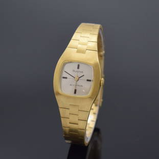 BULOVA Accutron 18k yellow gold ladies wristwatch: BULOVA Accutron 18k yellow gold ladies wristwatch, Switzerland around 1970, quartz, gold bracelet with deployant clasp, snap on case back, silvered dial with gilded and blackened hands, diameter appro