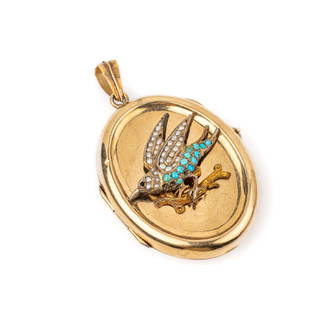 14 kt gold locket pendant: 14 kt gold locket pendant, 1930s , YG 585/000 tested, front side with applied bird, with small pearl and small turquoises (partly missing), approx. 4 x 3 cm, total approx. 5.3 g, backside with dented