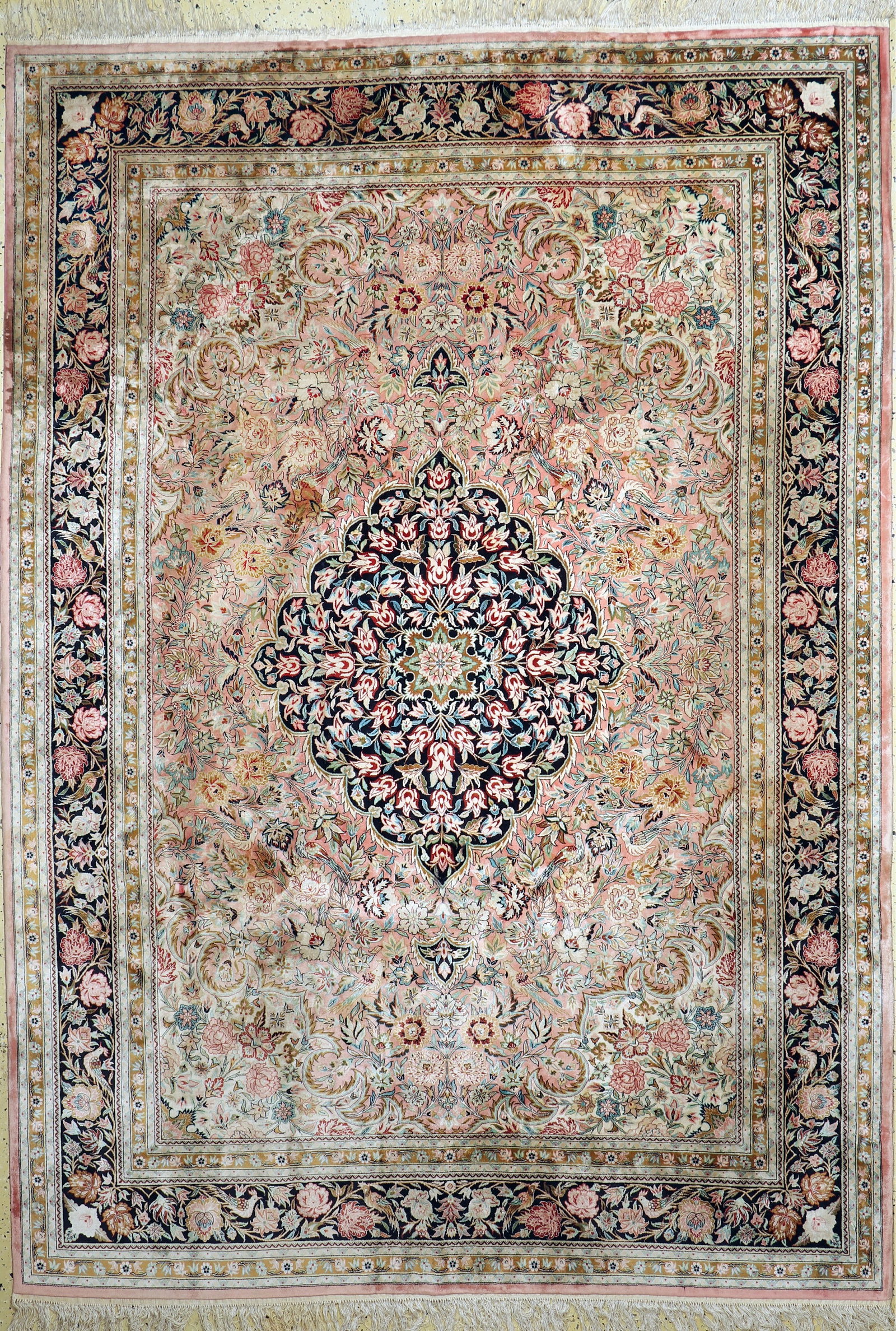 China silk, late 20th century, silk on cotton,approx. 308: China silk, late 20th century, silk on cotton,approx. 308 x 209 cm, condition: 2(Heavily soiled). Rugs, Carpets & Flat weaves.