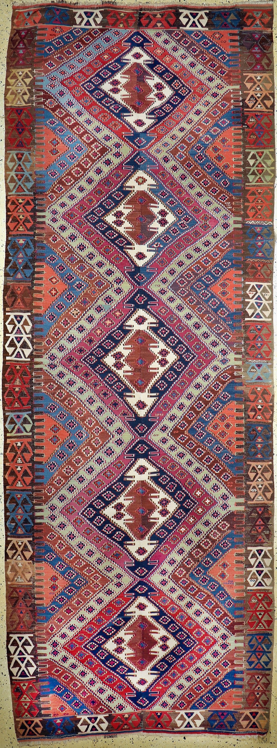 Anatol-Kilim antique (2 lanes), Turkey, 19th century: Anatol-Kilim antique (2 lanes), Turkey, 19th century, wool on wool, approx. 400 x 146 cm, condition: 2 (restored). Rugs, Carpets & Flat weaves.