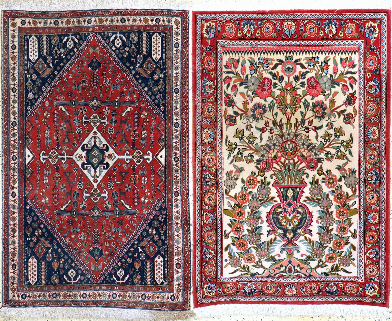 2 lots, Qum cork, Persia, end of 20th century,corkwool: 2 lots, Qum cork, Persia, end of 20th century,corkwool, approx. 125 x 85 cm, in need of restoration, condition: 2, Kashkuli fine, Persia, mid-20th century, wool on wool, approx. 125 x 80 cm, condition