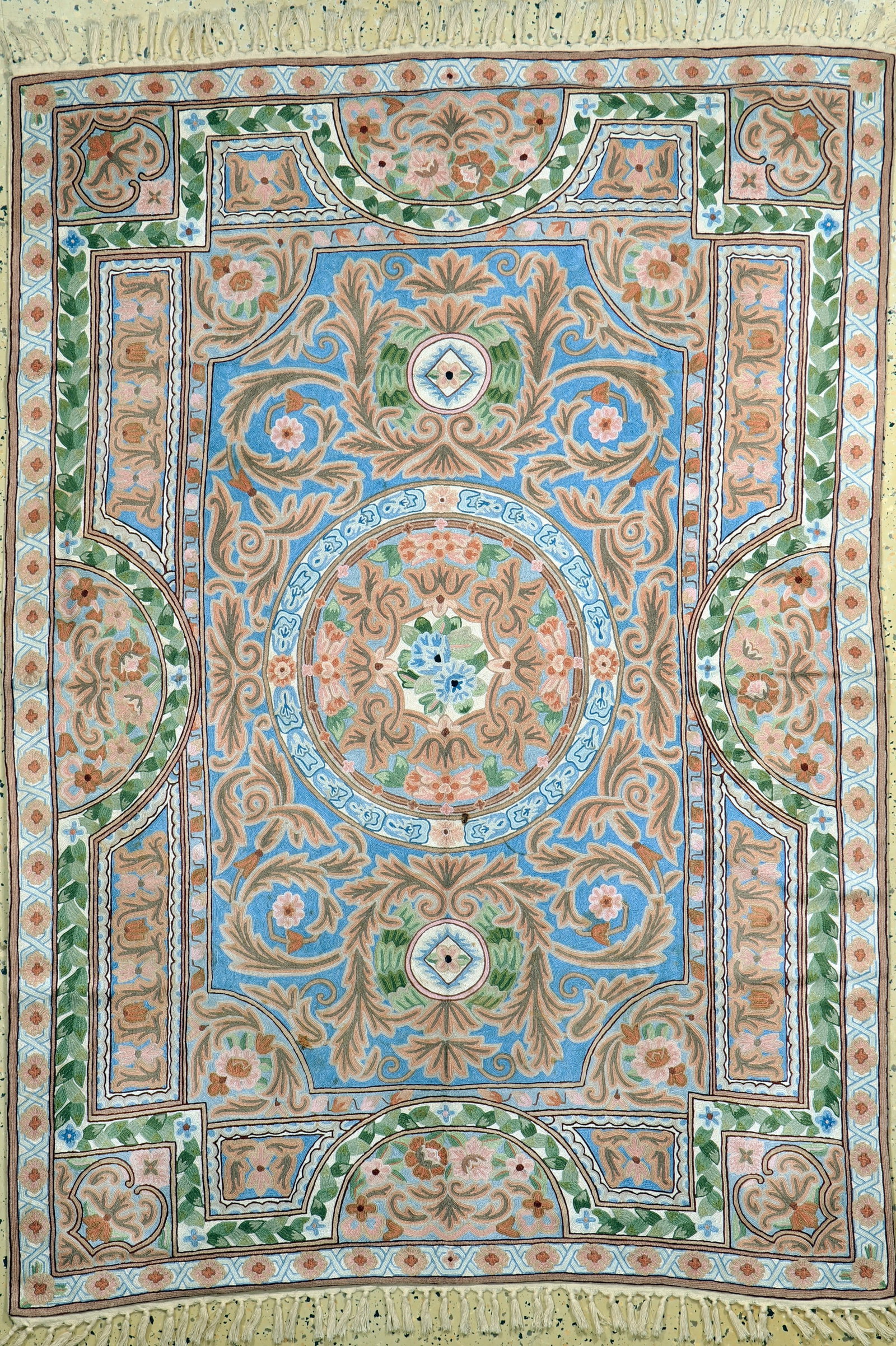 Cotton embroidery, India, late 20th century, merzerized: Cotton embroidery, India, late 20th century, merzerized cotton, approx. 175 x 120 cm, condition: 1 (small fire stain). Rugs, Carpets& Flatweaves