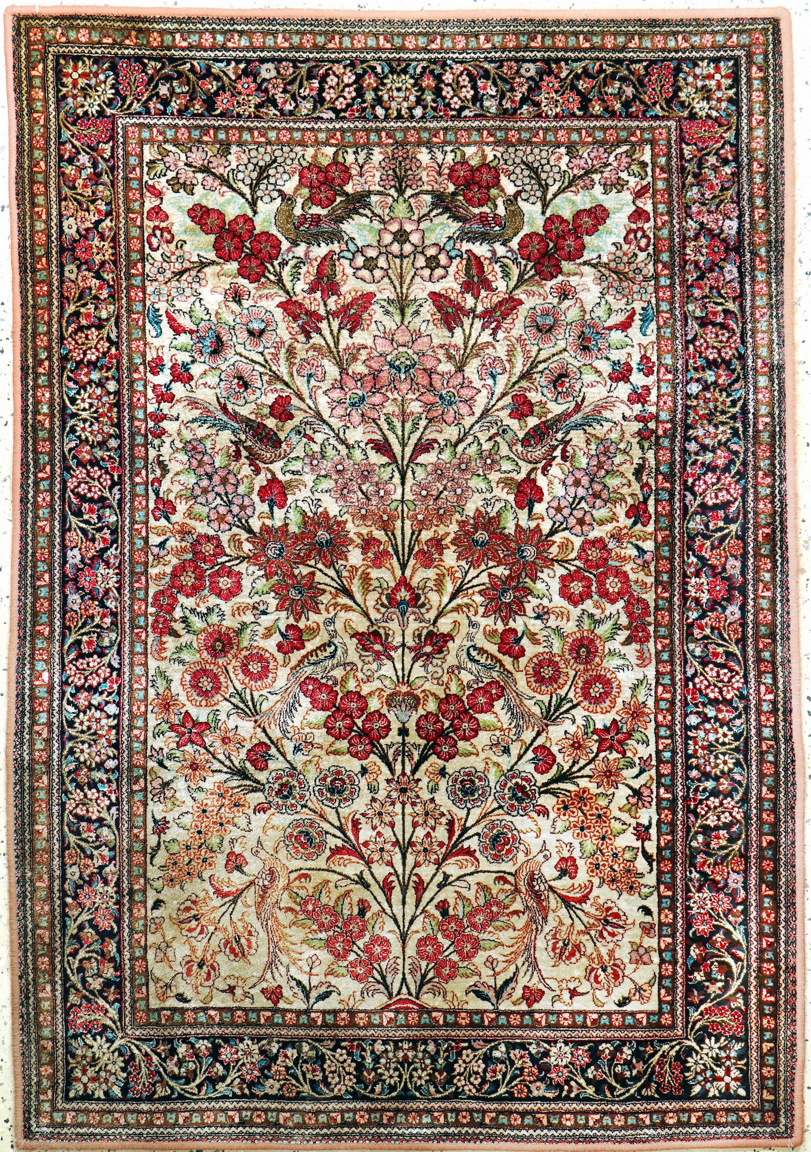 Qum silk, Persia, mid 20th century, pure natural: Qum silk, Persia, mid 20th century, pure natural silk, approx. 158 x 111 cm, in need ofcleaning, condition: 2 (no fringes). Rugs, Carpets & Flatweaves