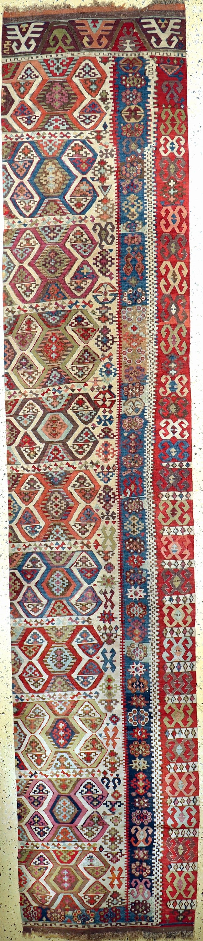 Konya Kilim antique (1 panel), Turkey, 19th century: Konya Kilim antique (1 panel), Turkey, 19th century, wool on wool, approx. 415 x 80 cm, condition: 3. Rugs, Carpets & Flatweaves