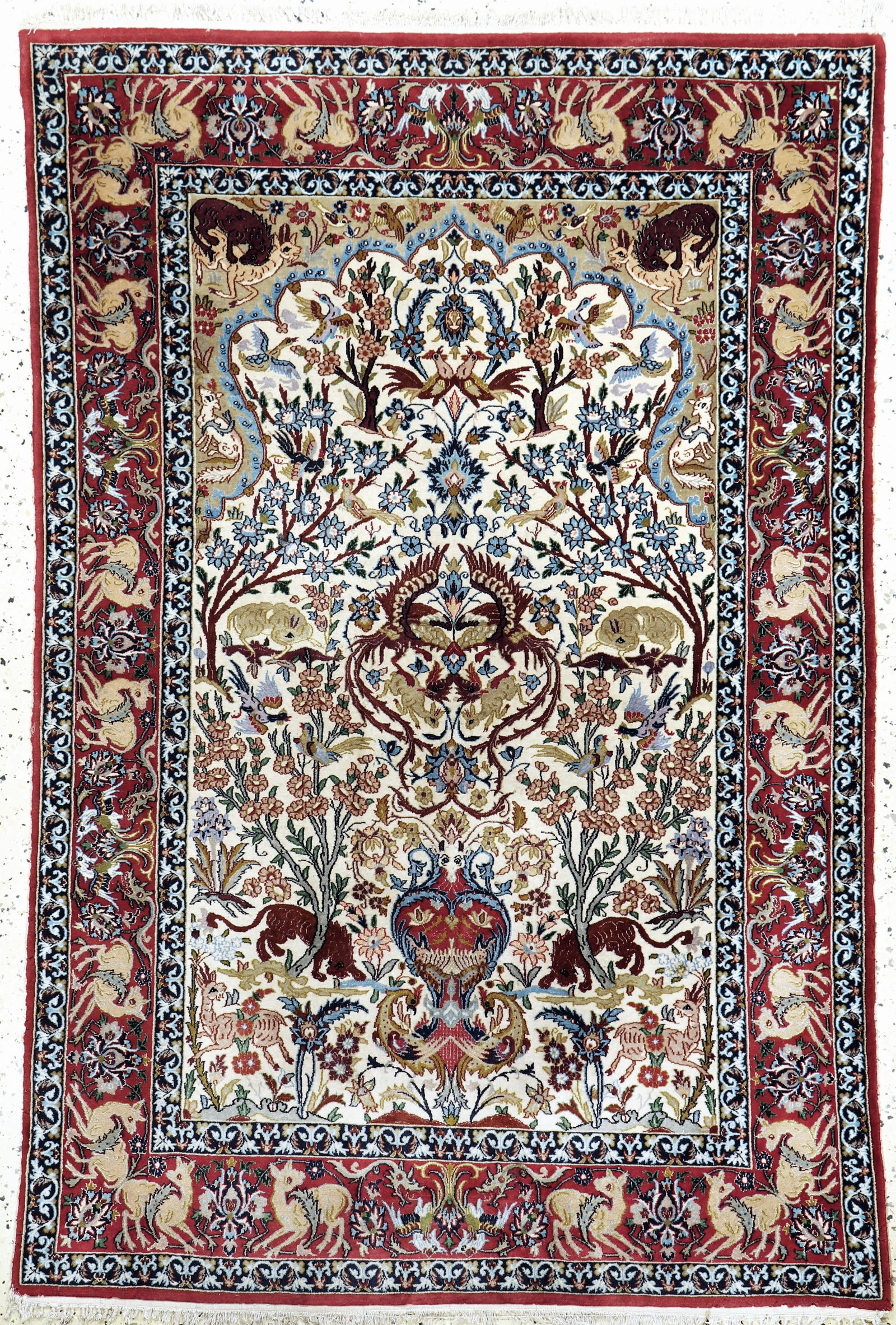 Isfahan fine, Persia, mid 20th century, corkwool: Isfahan fine, Persia, mid 20th century, corkwool with and on silk, Approx. 165 x 110 cm, moth-damage on edges), condition: 2. Rugs Carpets & Flatweaves condition Overall condition 1 almost perfect con