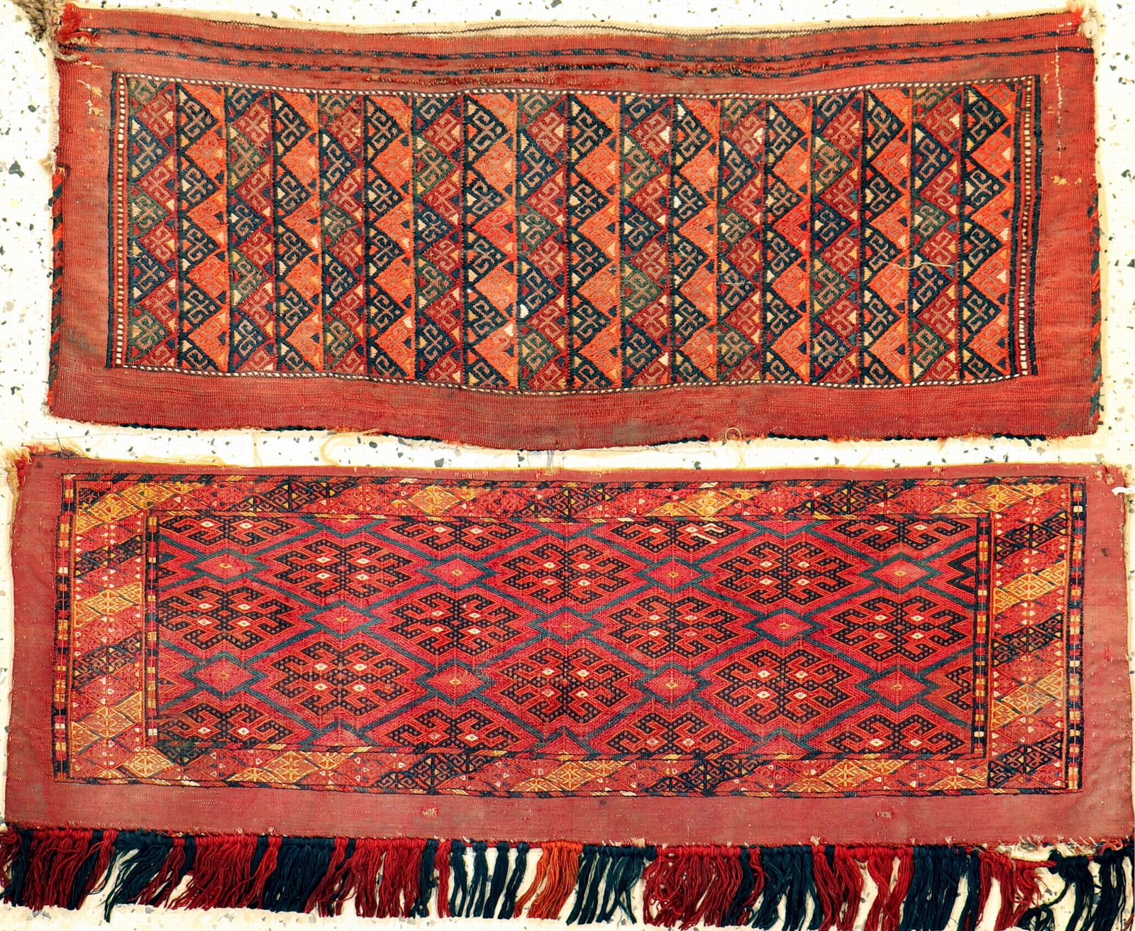 2 los Torba antique, Turkmenistan, 19th century: 2 los Torba antique, Turkmenistan, 19th century, wool on wool, approx. 95 x 35 cm, condition: 3. Rugs Carpets & Flatweaves condition Overall condition 1 almost perfect condition or as good as new. 2 s