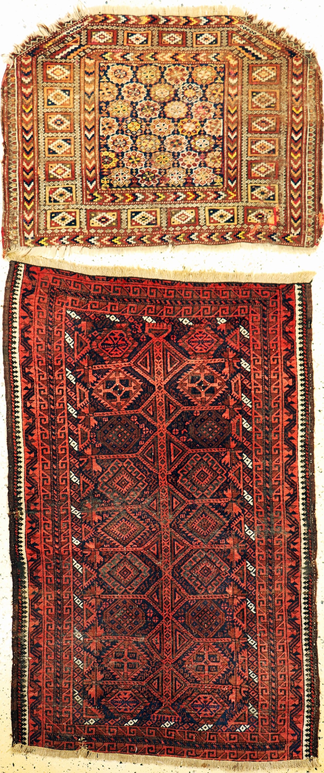 2 lots Baloch antique, Persia, 19th century, wool on: 2 lots Baloch antique, Persia, 19th century, wool on wool, approx. 142 x 90 cm, condition: 4. Rugs Carpets & Flatweaves condition Overall condition 1 almost perfect condition or as good as new. 2 slig