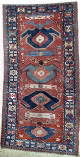 Antique Kazak, Caucasus, mid -19th century, wool on: Antique Kazak, Caucasus, mid -19th century, wool on wool, approx. 252 x 130 cm, condition:3, (restorations). Rugs, Carpets & Flatweaves