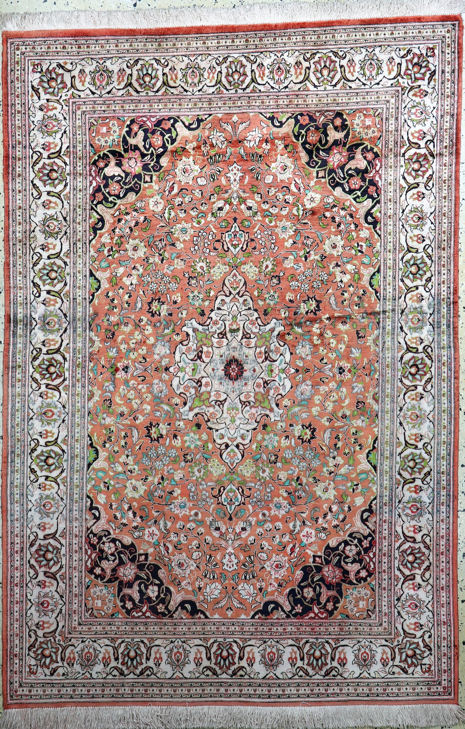 Qum silk, Persia, mid-20th century, pure natural: Qum silk, Persia, mid-20th century, pure natural silk, approx. 203 x 137 cm, discolored, condition: 2. Rugs, Carpets & Flatweaves