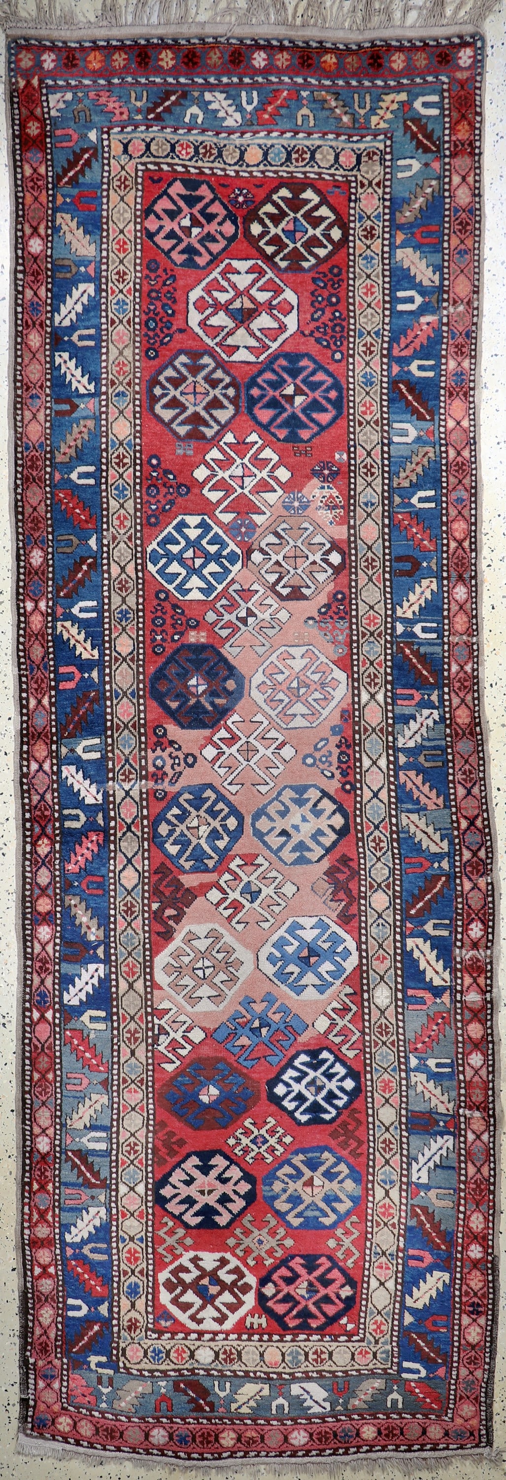 Antique Kazak, Caucasus, 19th century, wool onwool: Antique Kazak, Caucasus, 19th century, wool onwool, approx. 323 x 107 cm, condition: 3 (restored). Rugs, Carpets & Flatweaves