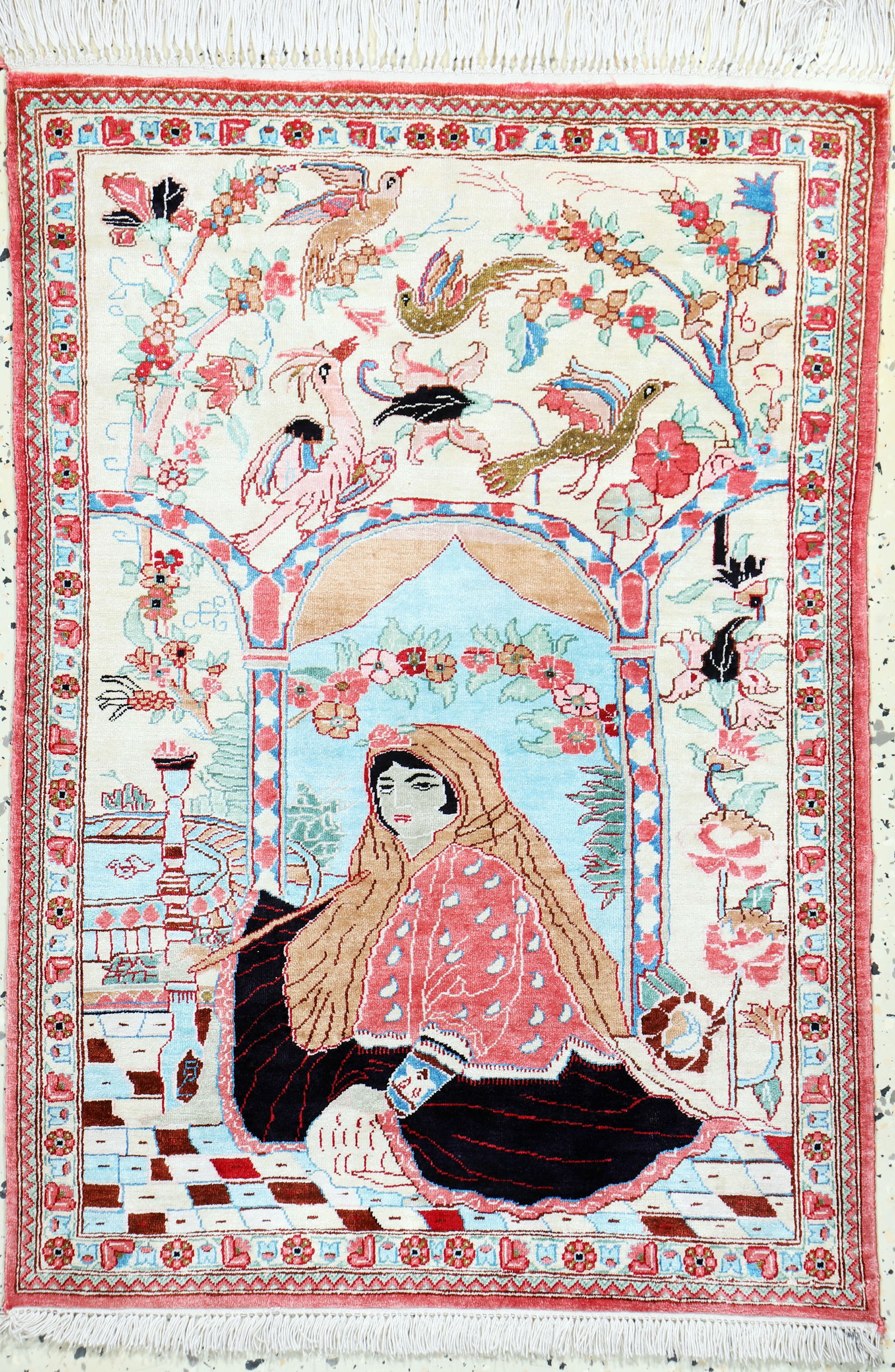 Qum silk, Persia, late 20th century, pure natural: Qum silk, Persia, late 20th century, pure natural silk, approx. 79 x 56 cm, condition: 2. Rugs, Carpets & Flatweaves