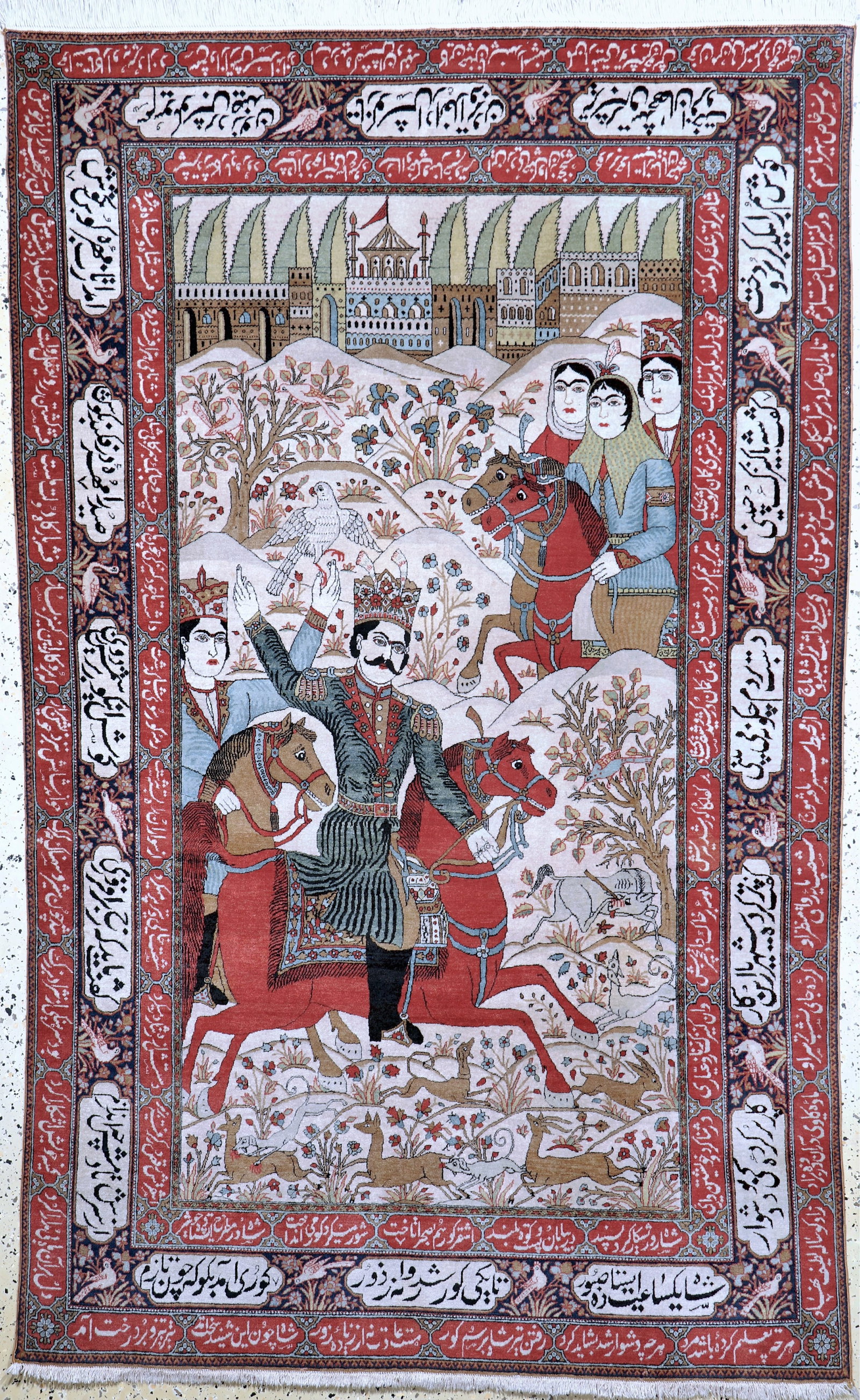 Kashan#'Mohtasham#'fine antique, Persia(BahramGur tale): Kashan#'Mohtasham#'fine antique, Persia(BahramGur tale), 19th century, Manchester-corkwool, approx. 220 x 135 cm, condition: 1 -2 (one side fringes renewed). Rugs, Carpets & Flatweaves