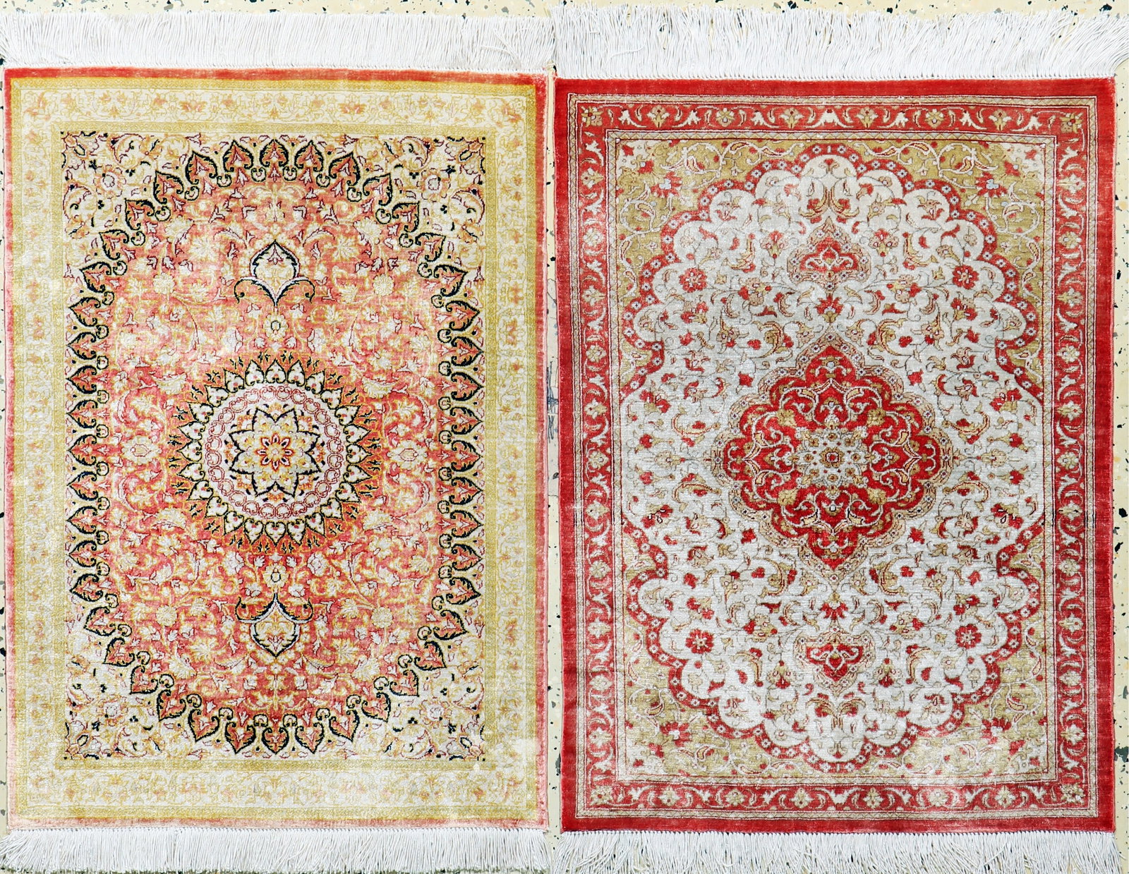 2 lots of Qum silk, Persia, late 20th century,pure natural: 2 lots of Qum silk, Persia, late 20th century,pure natural silk, approx. 77 x 57 cm, approx.1.0 million kn/sm, condition: 1-2. Rugs, Carpets & Flatweaves