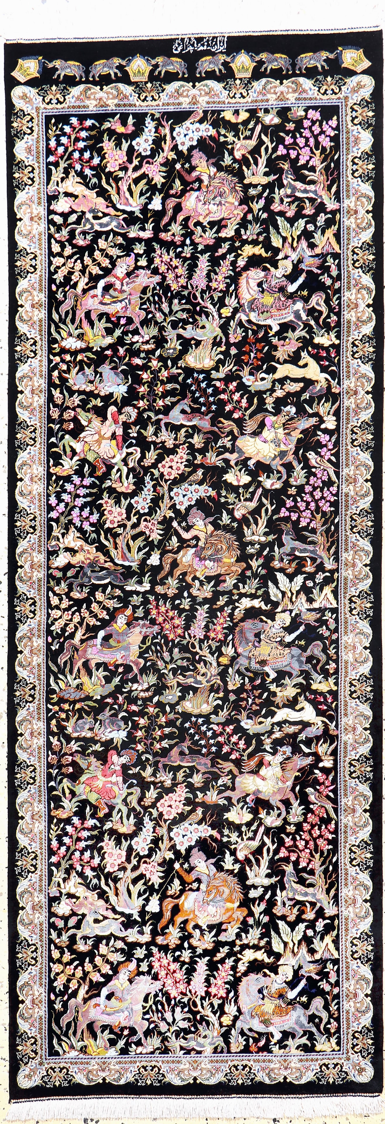 Qum silk fine signed, Persia#'Royal Crown#', approx. 20: Qum silk fine signed, Persia#'Royal Crown#', approx. 20 years, pure natural silk, approx. 193 x 70 cm, approx. 1.0 million Kn/sm, condition: (almost new), black ground