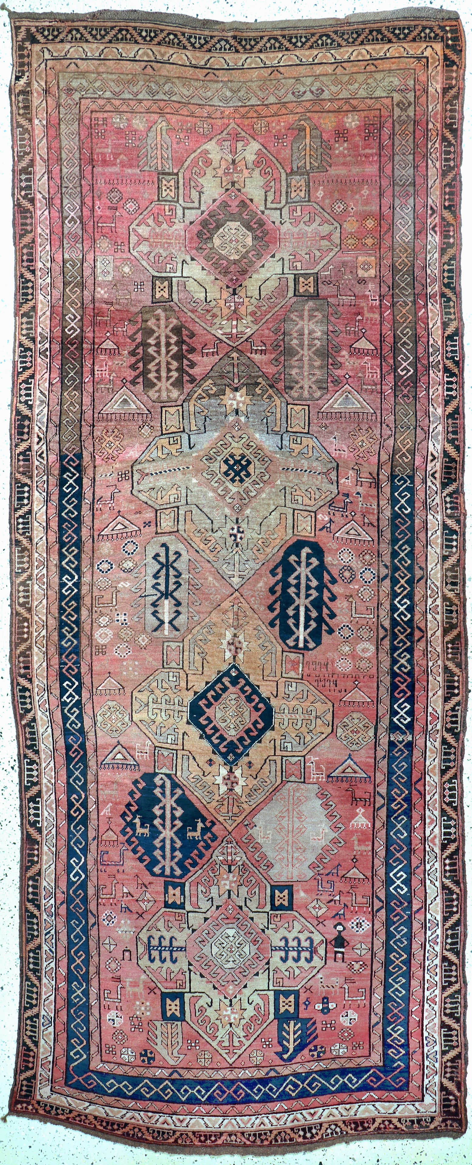 Karabagh antique, Caucasus, around 1900, wool on wool: Karabagh antique, Caucasus, around 1900, wool on wool, approx. 365 x 145 cm, condition: 2-3,(restored). Rugs, Carpets & Flatweaves