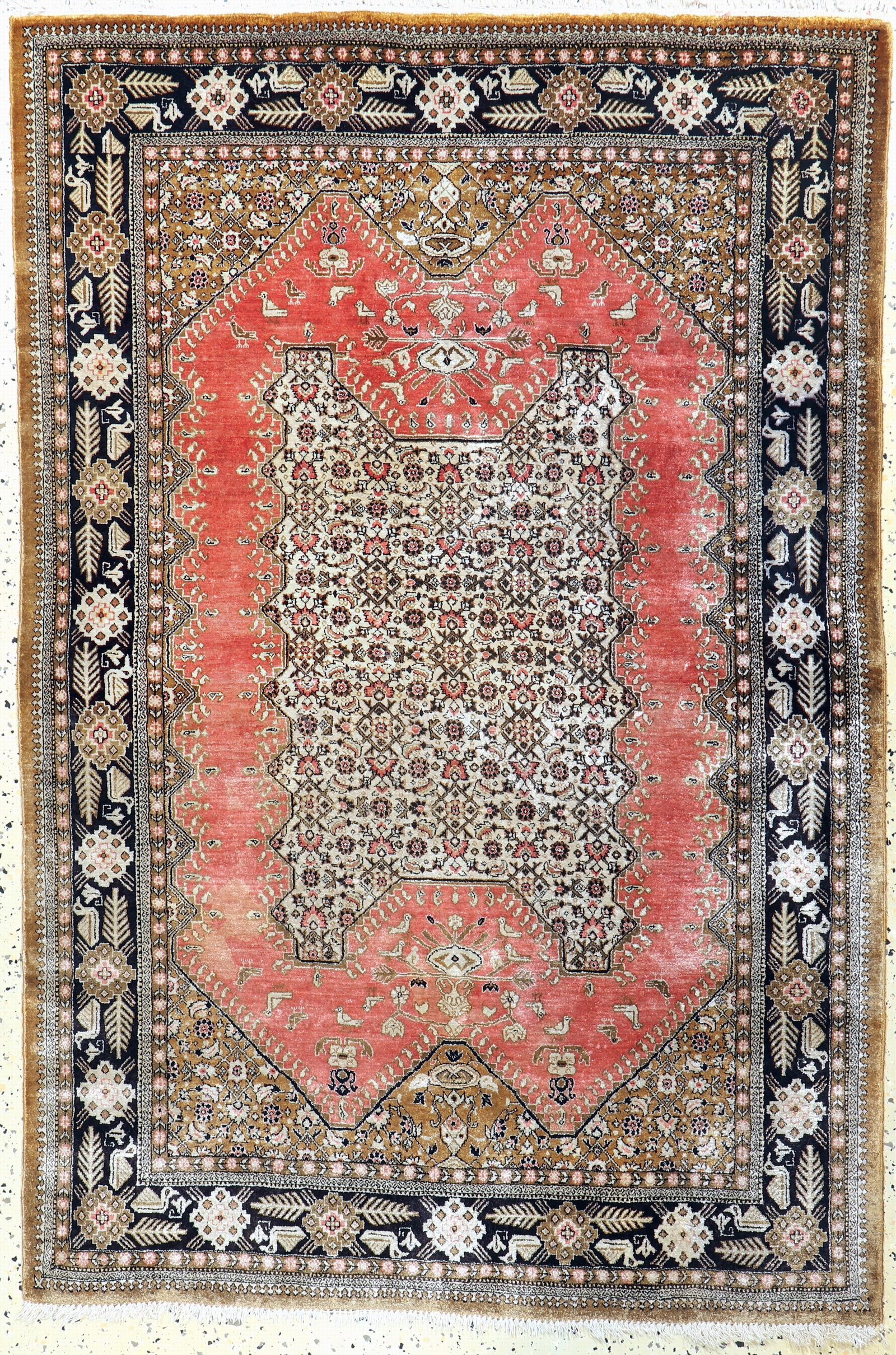 Qum silk, Persia, mid-20th century, pure natural: Qum silk, Persia, mid-20th century, pure natural silk, approx. 160 x 107 cm, condition:2 (stained).Rugs, Carpets & Flatweaves