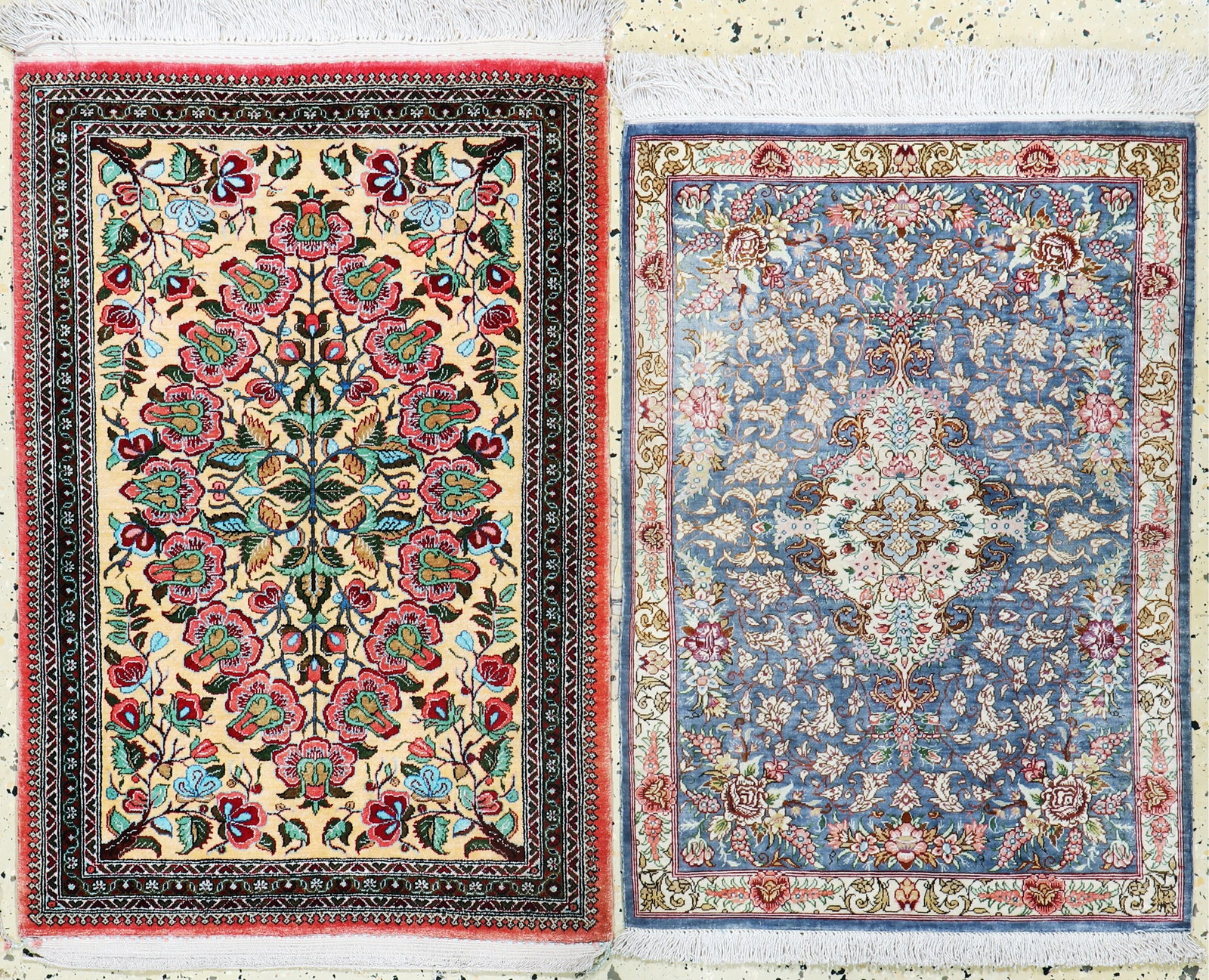 2 lots of Qum silk, Persia, late 20th century,pure natural: 2 lots of Qum silk, Persia, late 20th century,pure natural silk, approx. 86 x 59 cm, condition: 1-2. Rugs, Carpets & Flatweaves