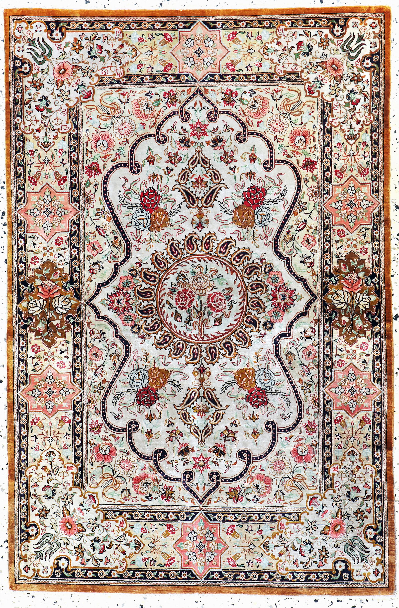 Qum silk fine, Persia, mid-20th century, pure natural: Qum silk fine, Persia, mid-20th century, pure natural silk, approx. 122 x 80 cm, approx. 1.0million kn/sm, in need of cleaning, condition:2. Rugs, Carpets & Flatweaves