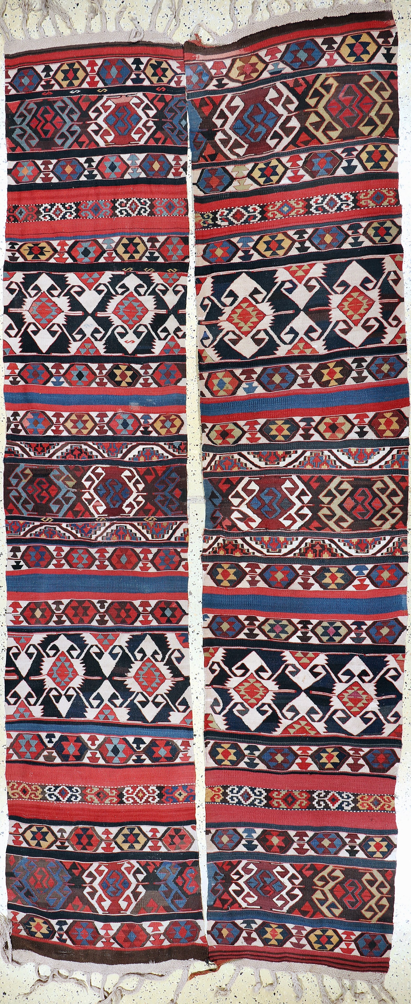 Konya Kilim antique, Turkey, 19th century, wool on: Konya Kilim antique, Turkey, 19th century, wool on wool, approx. 390 x 155 cm, two separate panels, condition: 2 (small restorations). Rugs, Carpets & Flatweaves