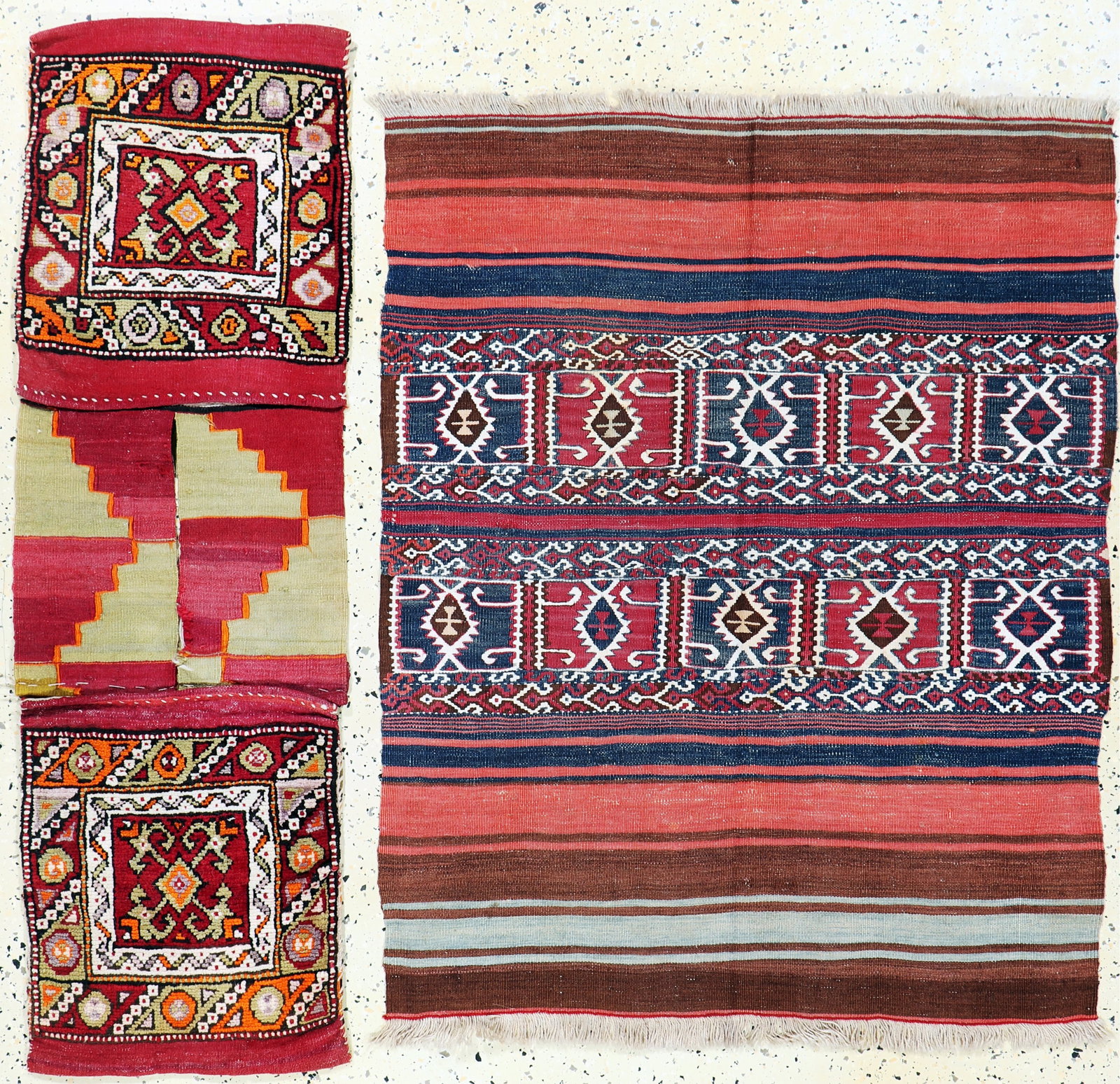 2 lots of double bag & Malatia Kilim, Turkey, early 20th: 2 lots of double bag & Malatia Kilim, Turkey, early 20th century, wool on wool, approx. 142 x 45 cm & approx. 120 x 97 cm, condition: 2. Rugs, Carpets & Flatweaves