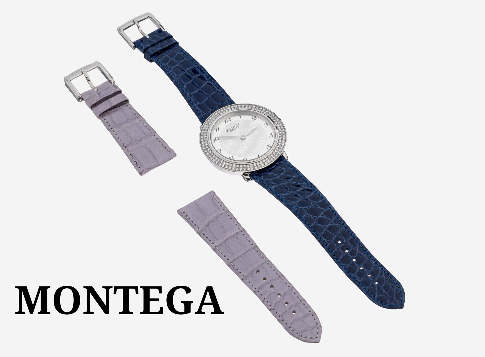 MONTEGA diamond wristwatch with leather strap: MONTEGA diamond wristwatch with leather strap , quartz movement, silver-colored dial with black Arabic numerals, bezel set with approx. 146 brilliants total weight approx. 2.19 ct white/vs, signed and