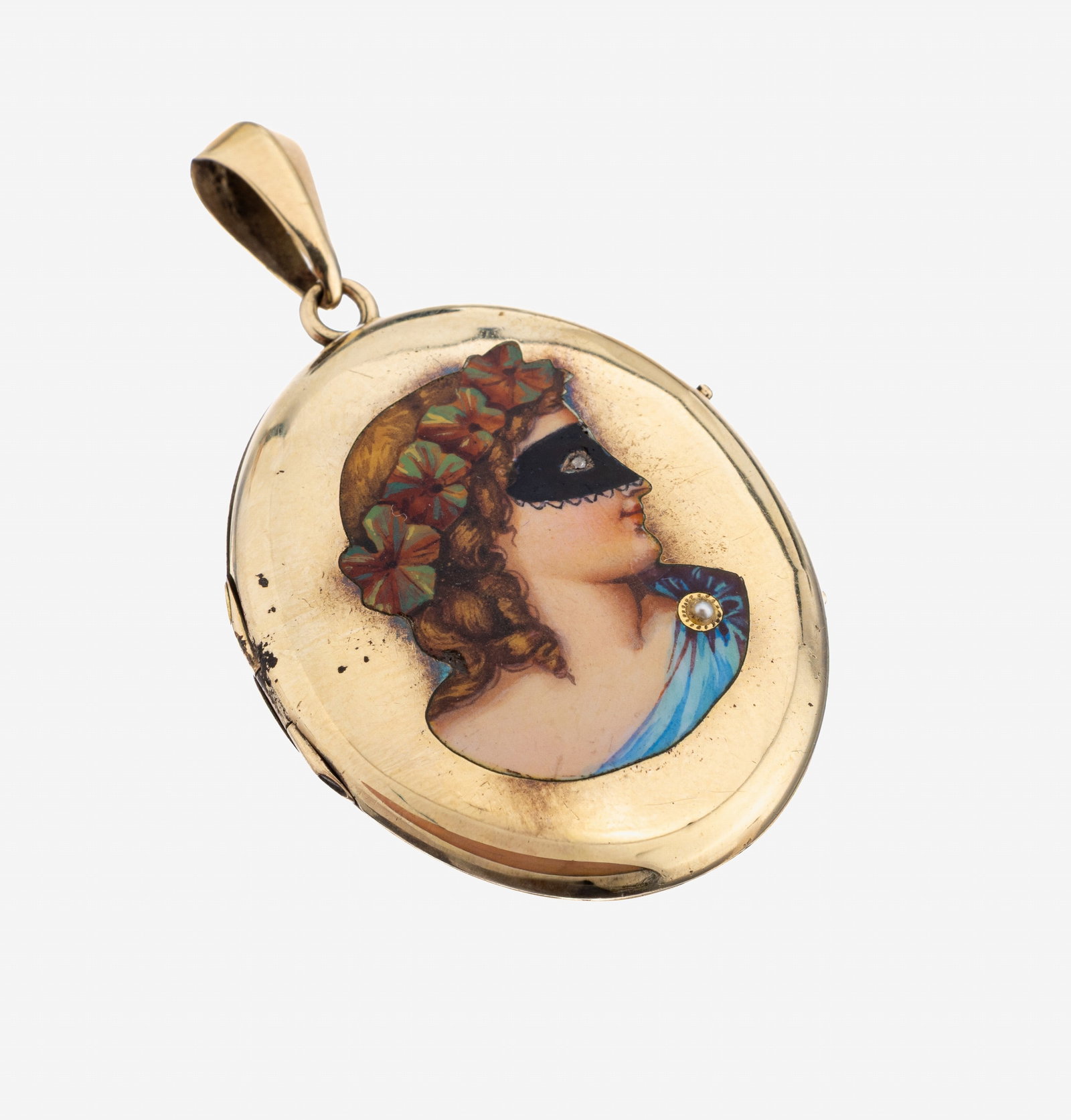 14 kt gold medaillion-pendant, approx. 1900: 14 kt gold medaillion-pendant, approx. 1900 , cover with enameled presentation of a masked young woman, swiveling, approx. 7.1 g