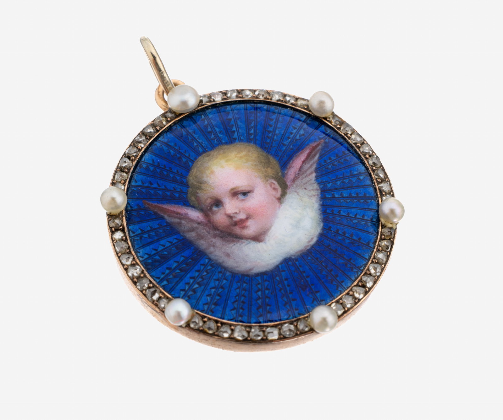 14 kt gold enamel-diamond-pearl-pendant, approx. 1900: 14 kt gold enamel-diamond-pearl-pendant, approx. 1900 , YG 585/000 tested, round, centered royal blue translucent enamel on guilloched ground with presentation of an angle, edge with small baroque pea