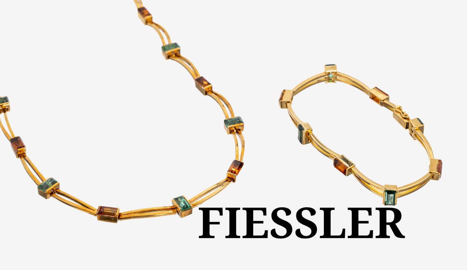 18 kt gold FIESSLER coloured stone-jewelry set, Pforzheim, 1970s: 18 kt gold FIESSLER coloured stone-jewelry set, Pforzheim, 1970s , YG 750/000, high quality workmanship, comprised of: 1 necklace,l. approx. 43 cm, and 1 bracelet, l. approx. 18.5 cm, each with case l
