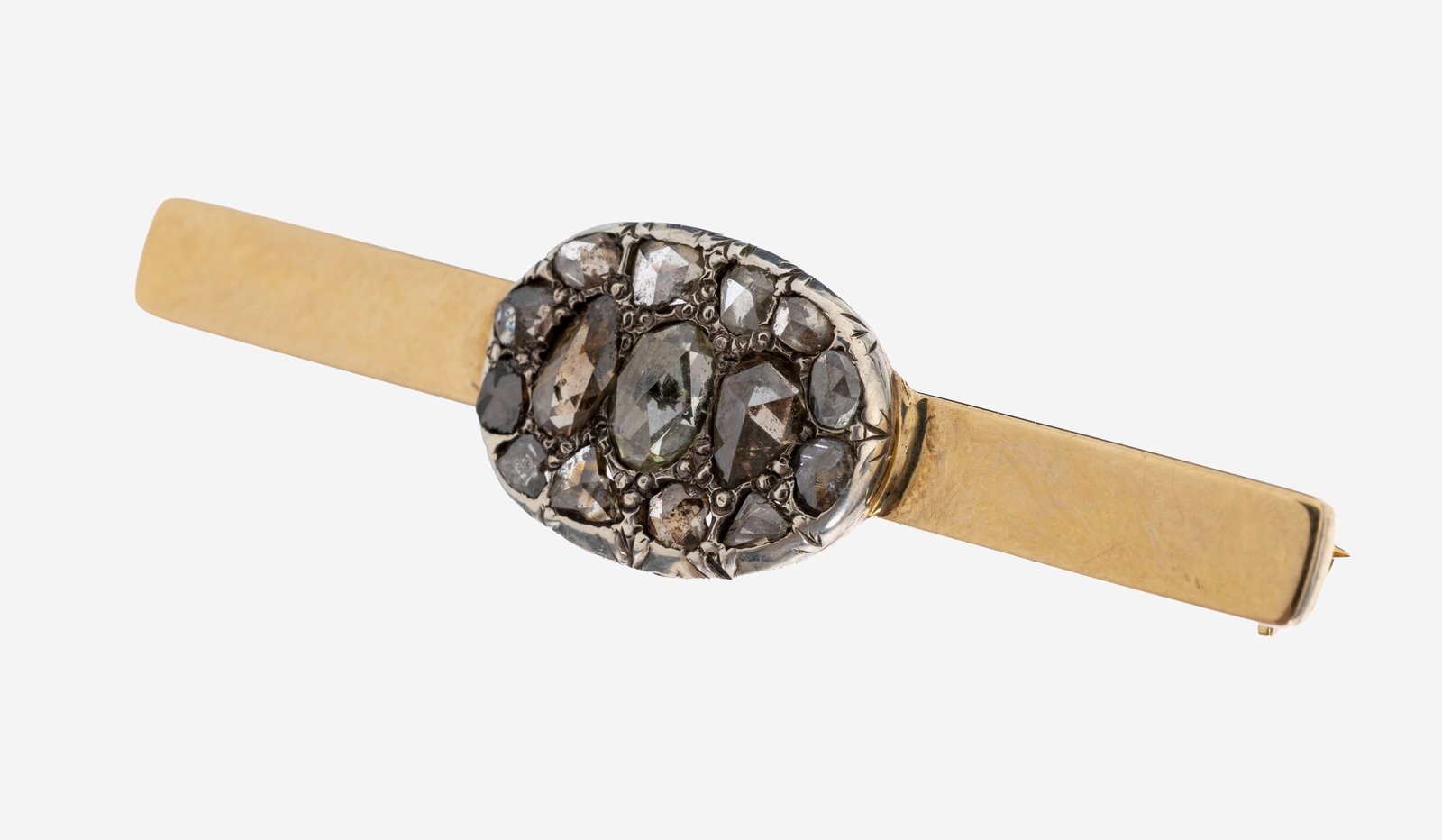 14 kt gold diamond-brooch: 14 kt gold diamond-brooch , YG 585/000, middle part approx. 1890, in silver set diamond roses total approx. 0.60 ct, from older context, l. approx. 5 cm, approx. 7 g