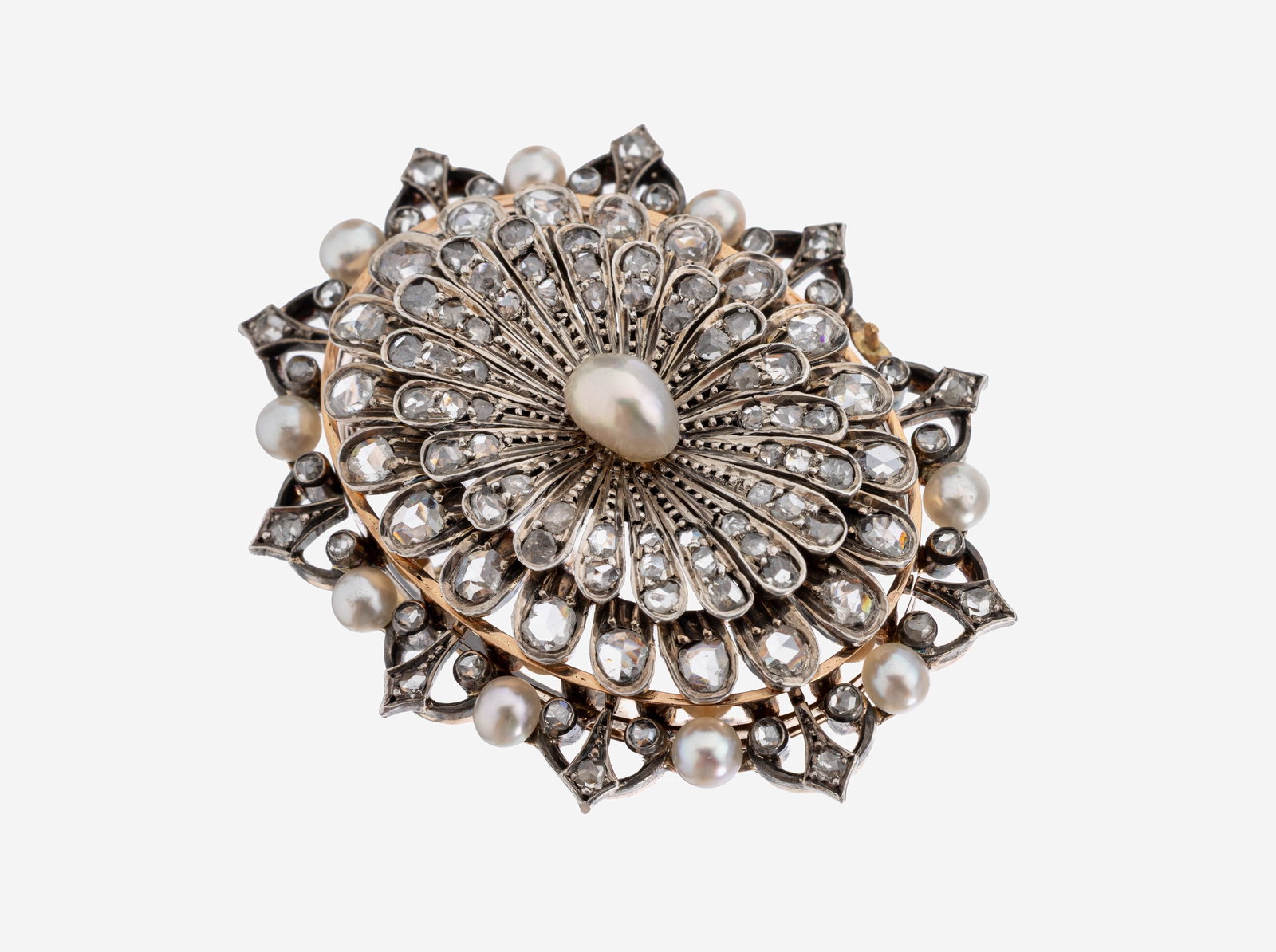14 kt gold diamond-pearl-brooch, approx. 1880 (1 of 1)