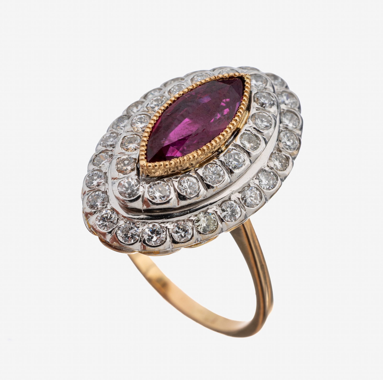 18 kt gold ruby-brilliant-ring: 18 kt gold ruby-brilliant-ring , YG/WG 750/000, multi layered, centered in YG set ruby-marquise approx. 1.80 ct, 40 in WG set brilliants total approx. 1.20 ct Wesselton- Crystal/p, ringsize 60, approx